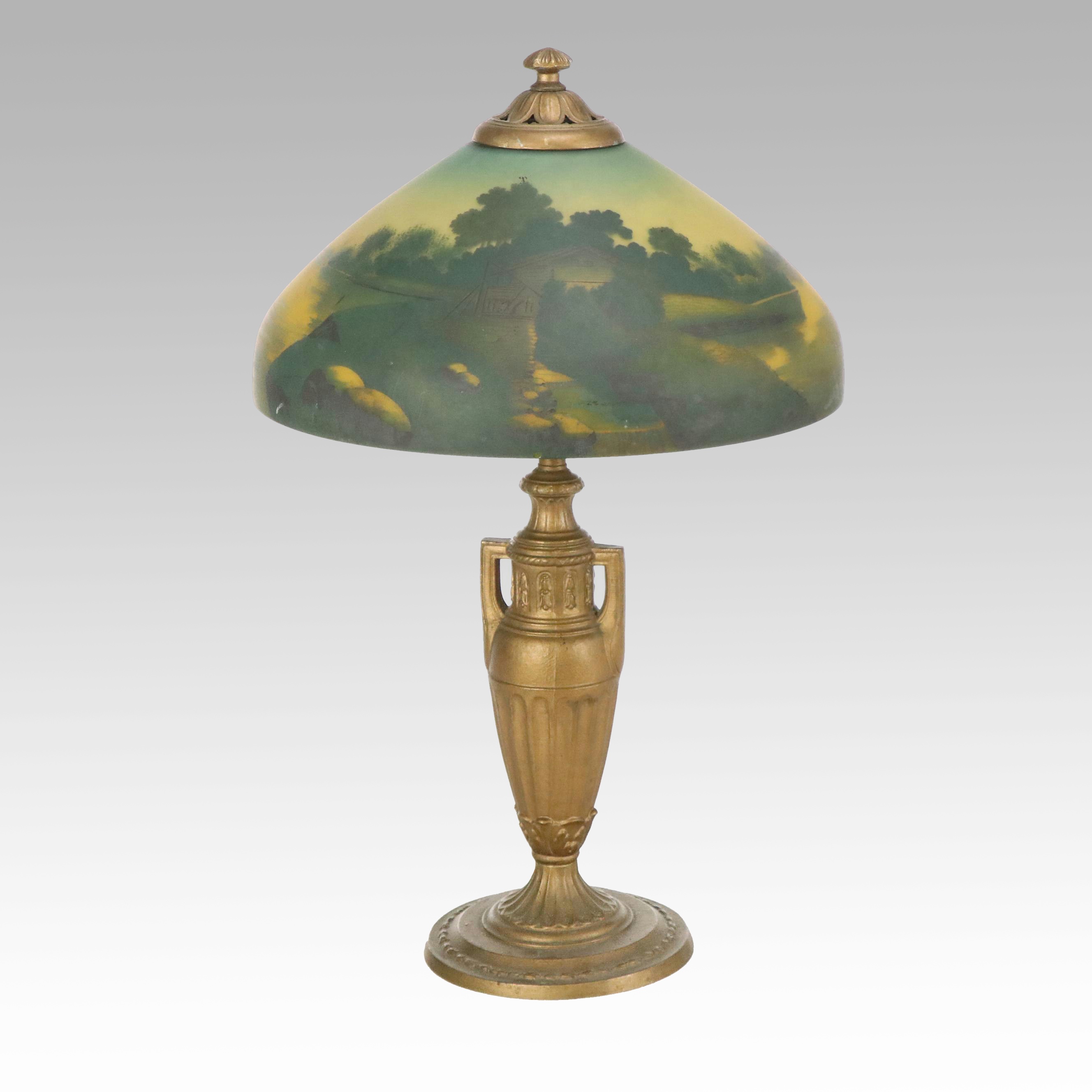 Neoclassical Style Urn Table Lamp with Reverse Painted Glass Shade