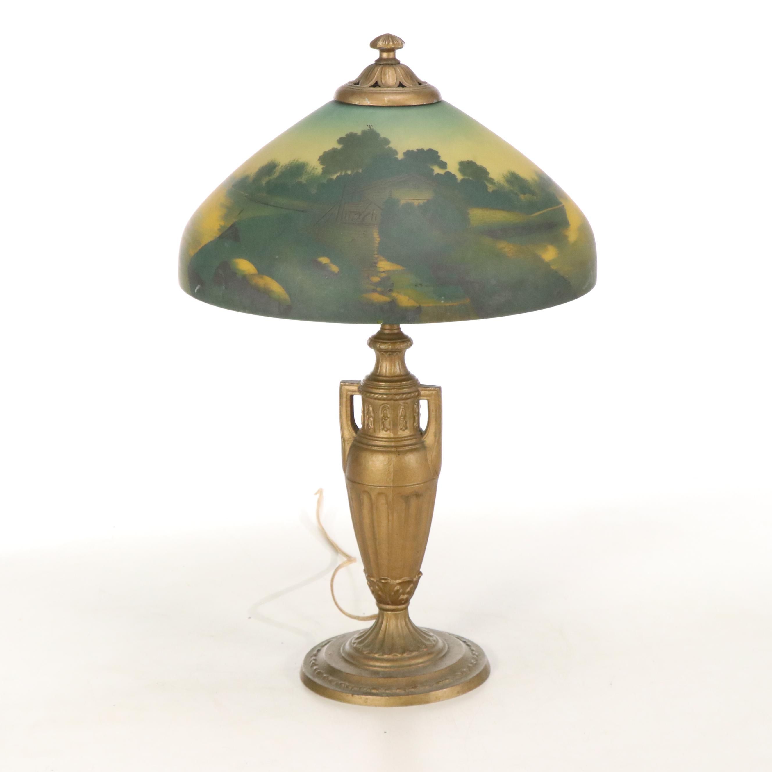 Neoclassical Style Urn Table Lamp with Reverse Painted Glass Shade