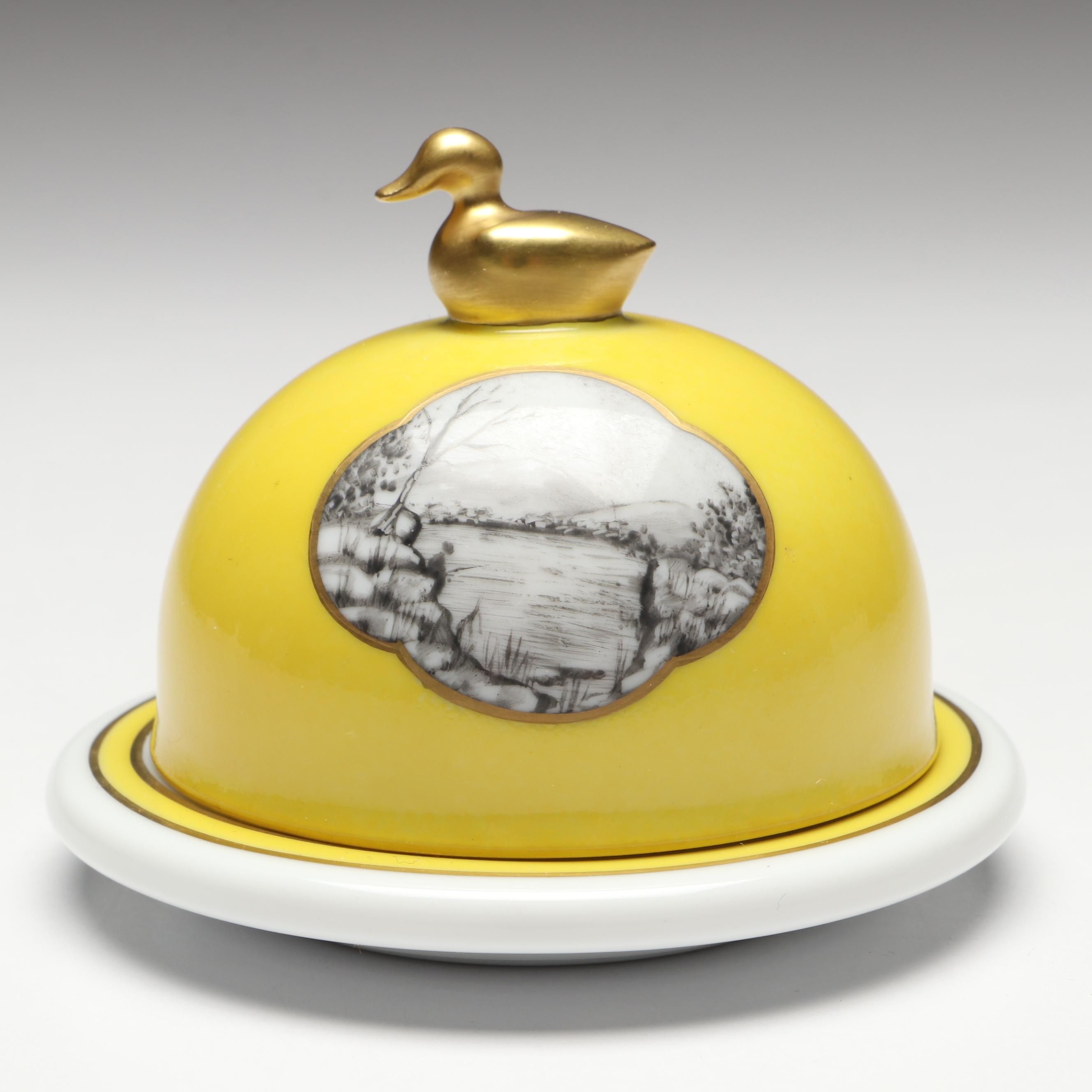 Limoges Porcelain Domed Butter Dish with Duck Finial