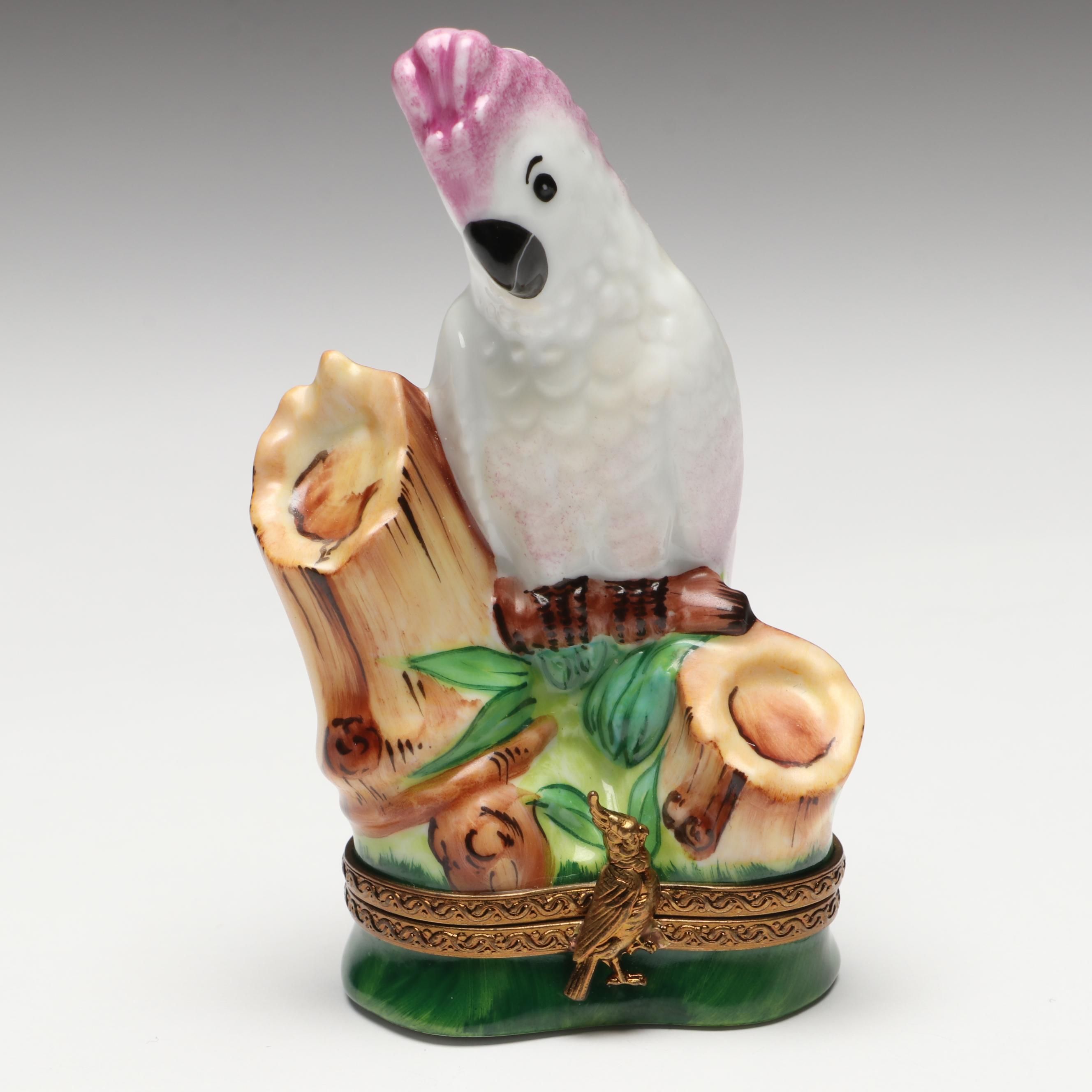 Parry Vieille French Limoges Pink Cockatoo Porcelain Box
