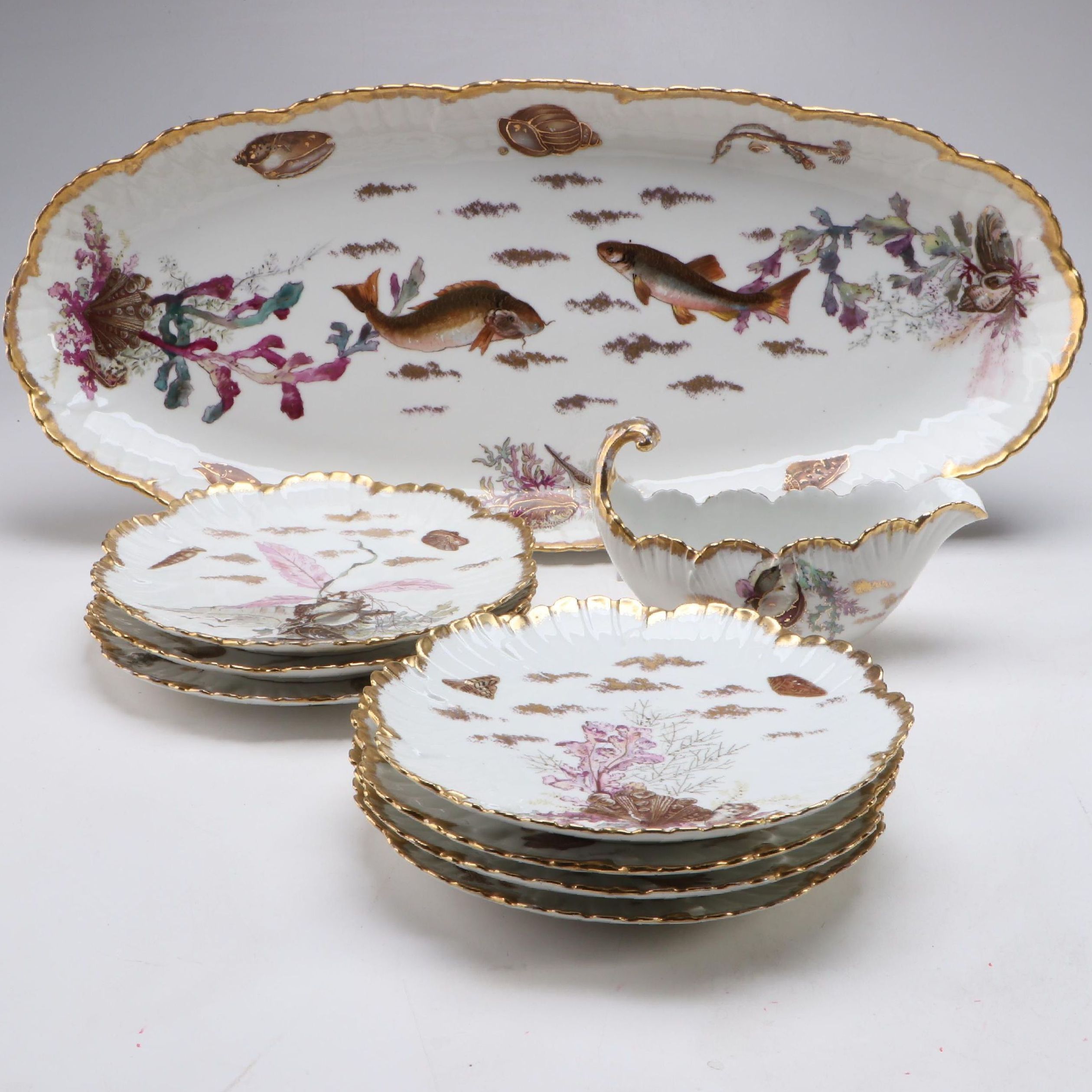 Limoges Hand-Painted Porcelain Fish Service, Late 19th/ Early 20th Century