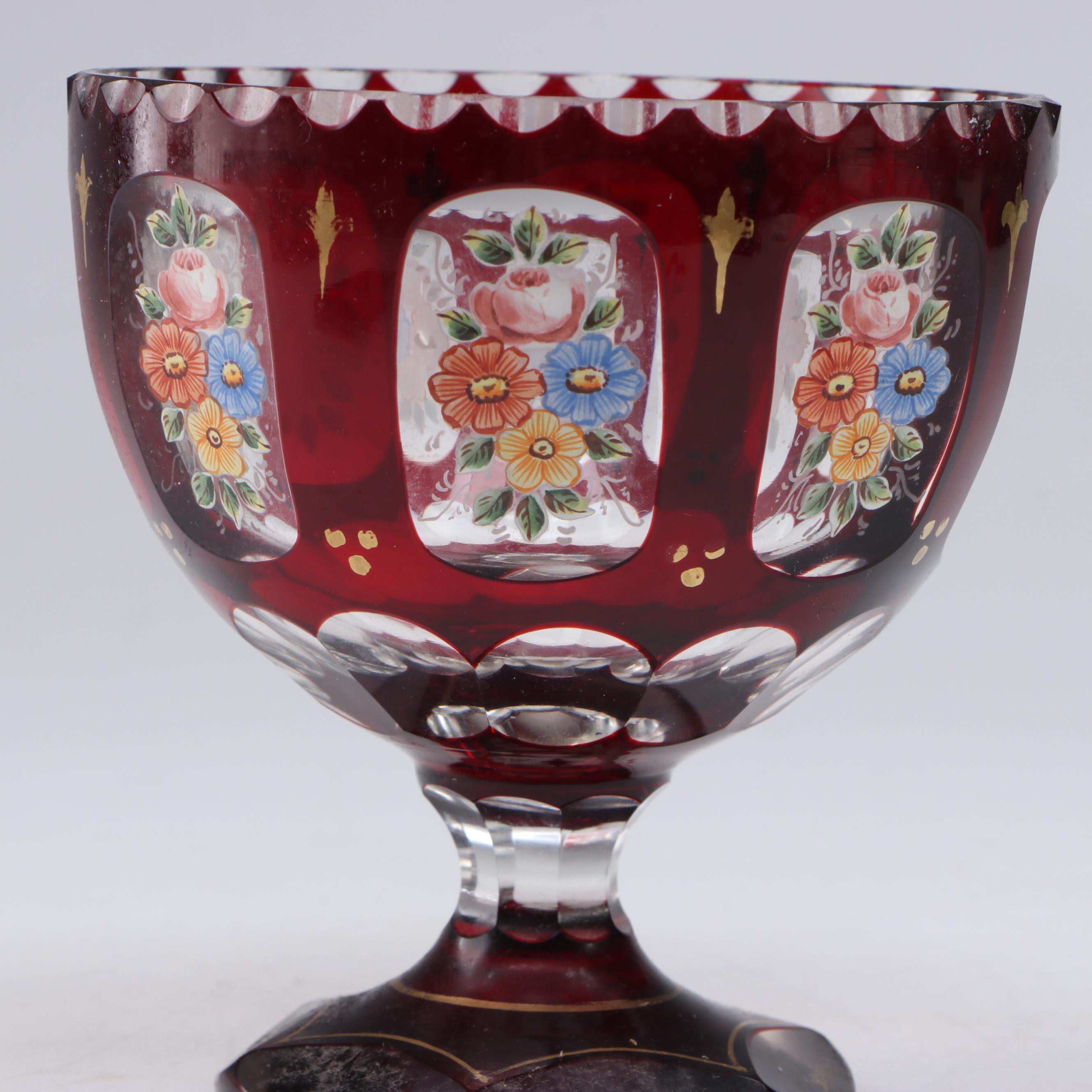 Bohemian Style Hand-Painted Ruby Cut to Clear Footed Bowl, 20th Century