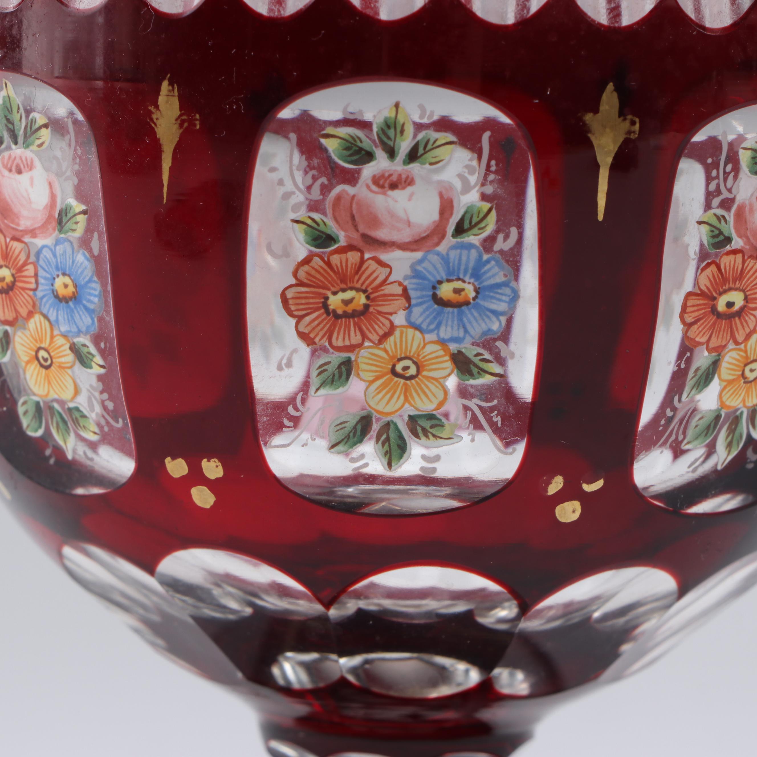 Bohemian Style Hand-Painted Ruby Cut to Clear Footed Bowl, 20th Century