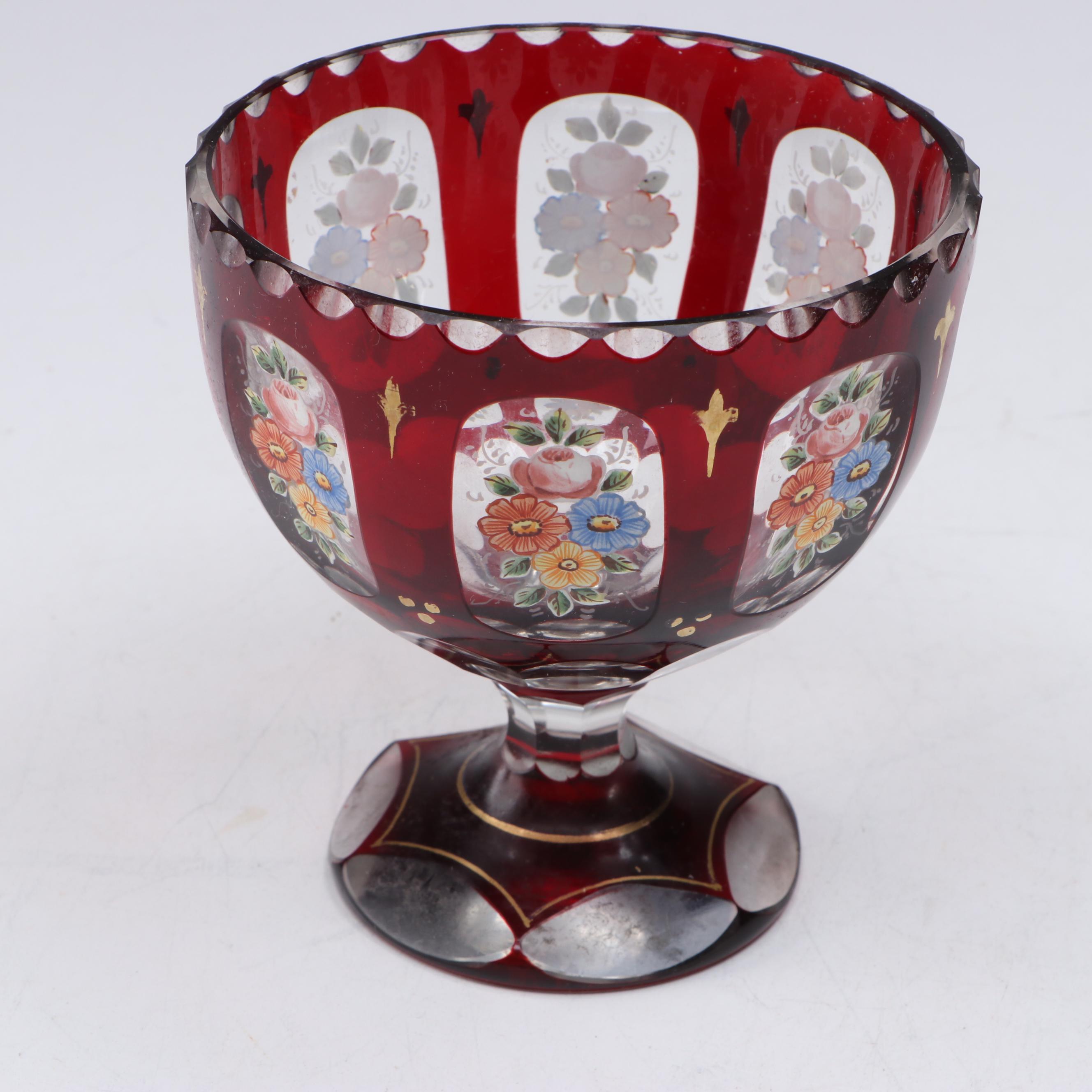 Bohemian Style Hand-Painted Ruby Cut to Clear Footed Bowl, 20th Century