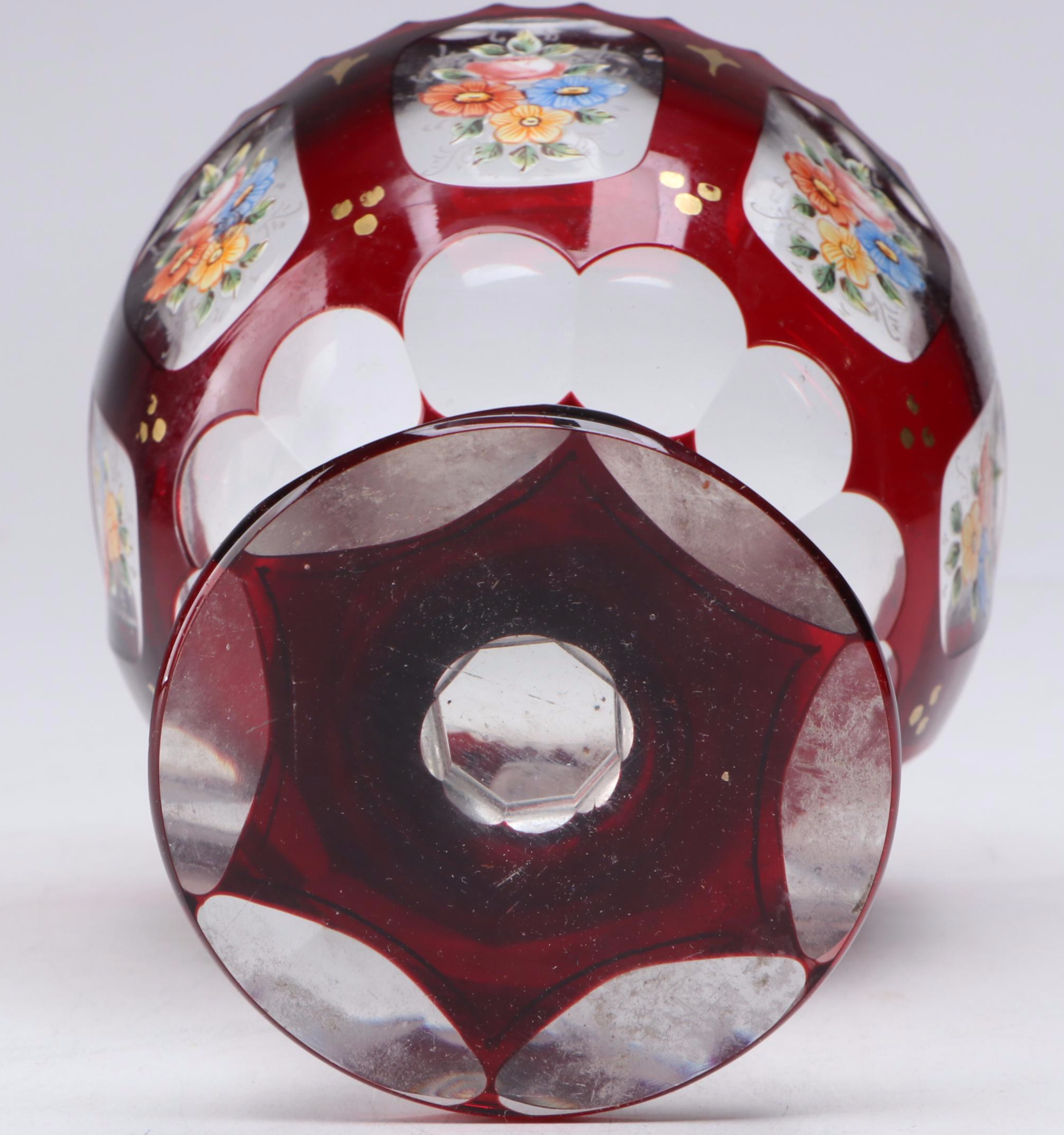 Bohemian Style Hand-Painted Ruby Cut to Clear Footed Bowl, 20th Century