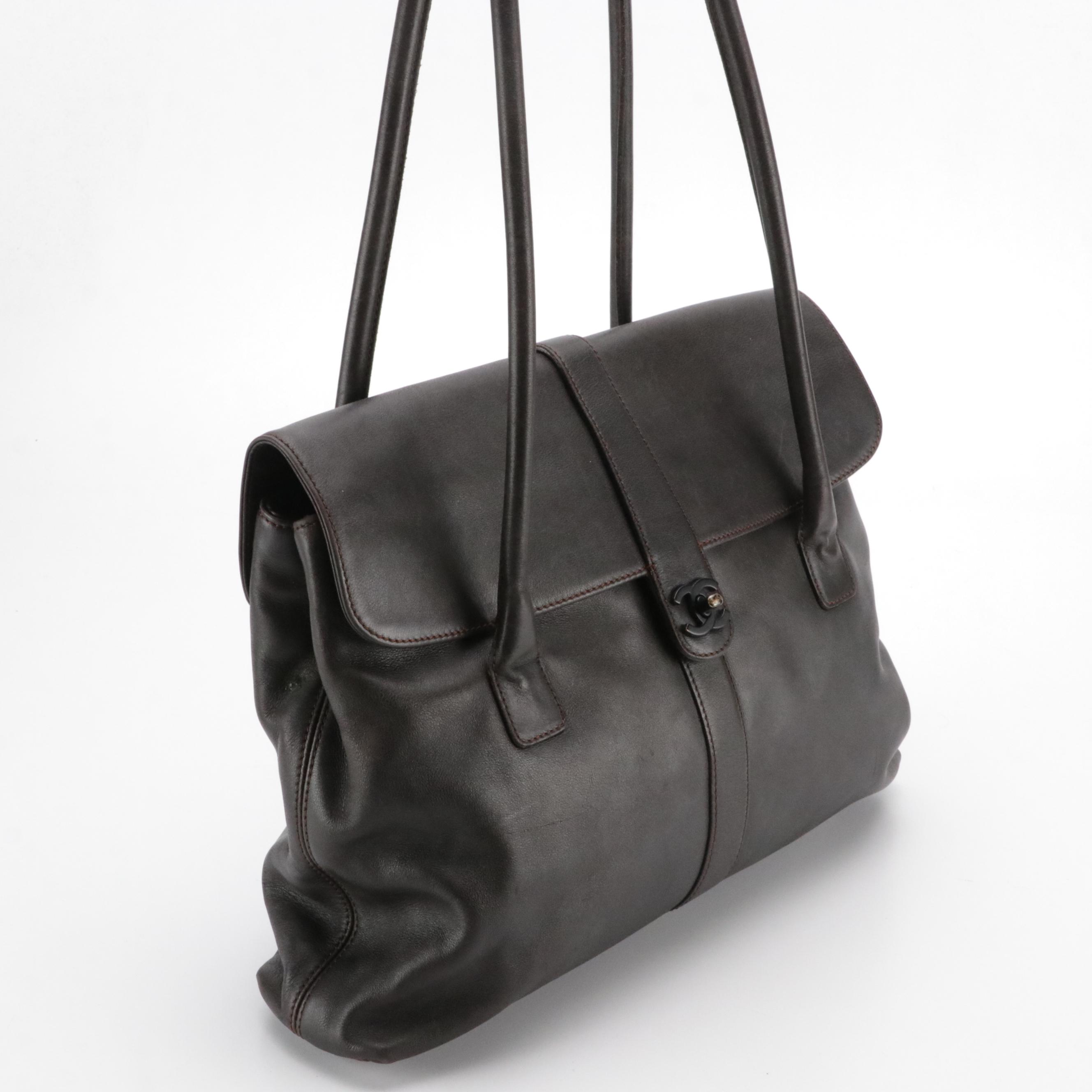 Chanel CC Turn-Lock Satchel Bag in Dark Brown Lambskin Leather