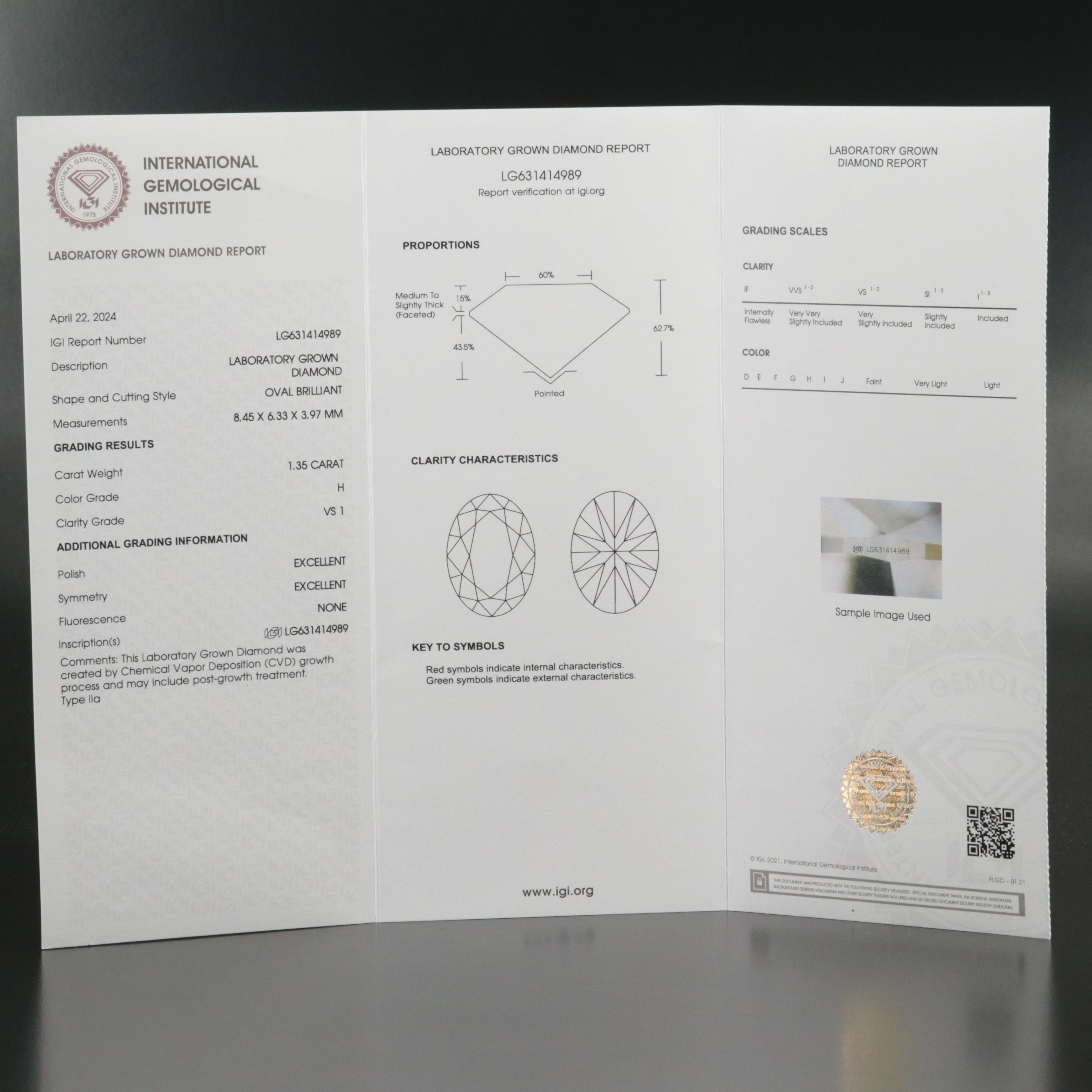 Loose 1.35 CT Lab Grown Diamond with IGI Report