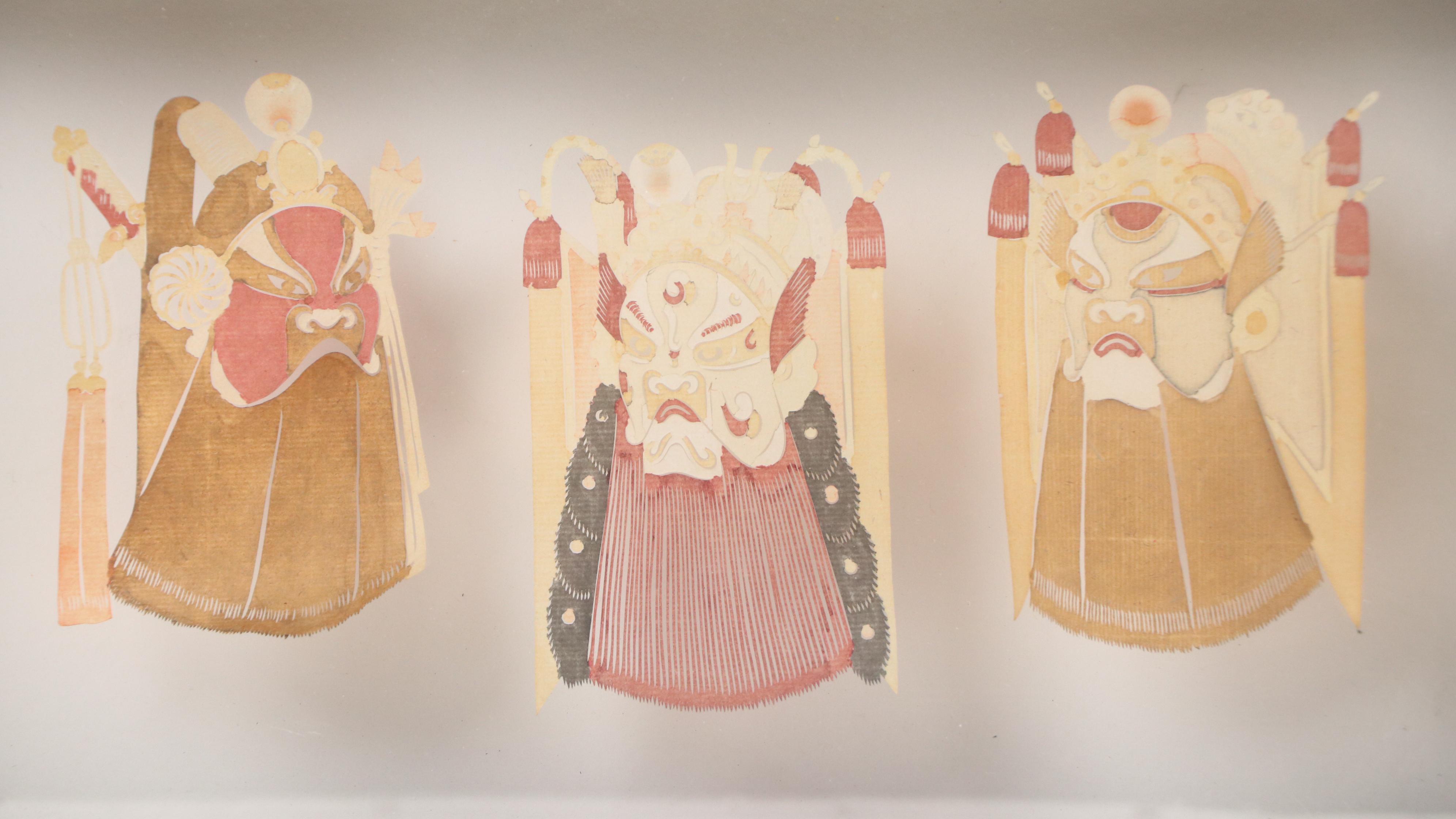 Chinese Folk Art Watercolor Paper Cuttings of Warrior Masks