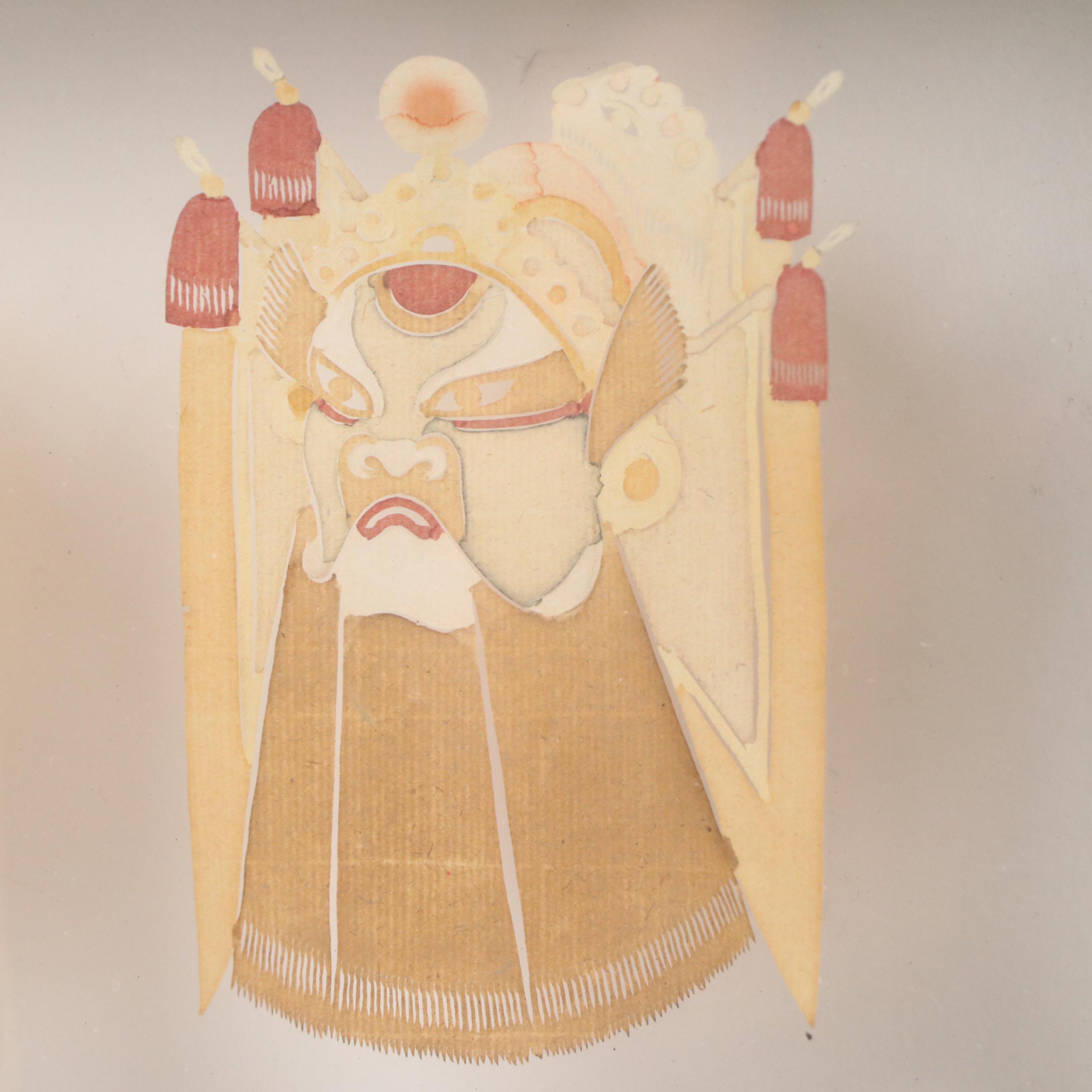 Chinese Folk Art Watercolor Paper Cuttings of Warrior Masks