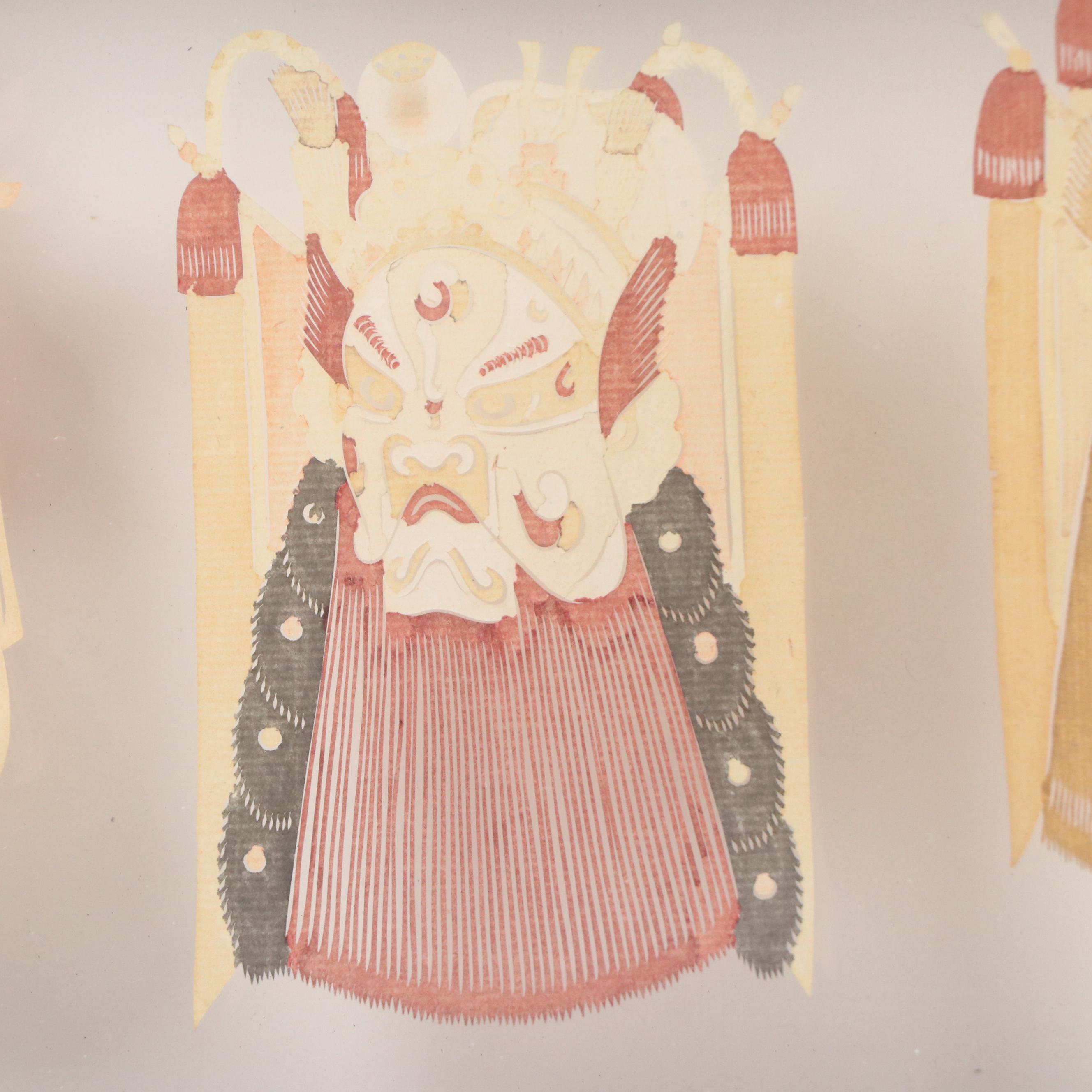 Chinese Folk Art Watercolor Paper Cuttings of Warrior Masks