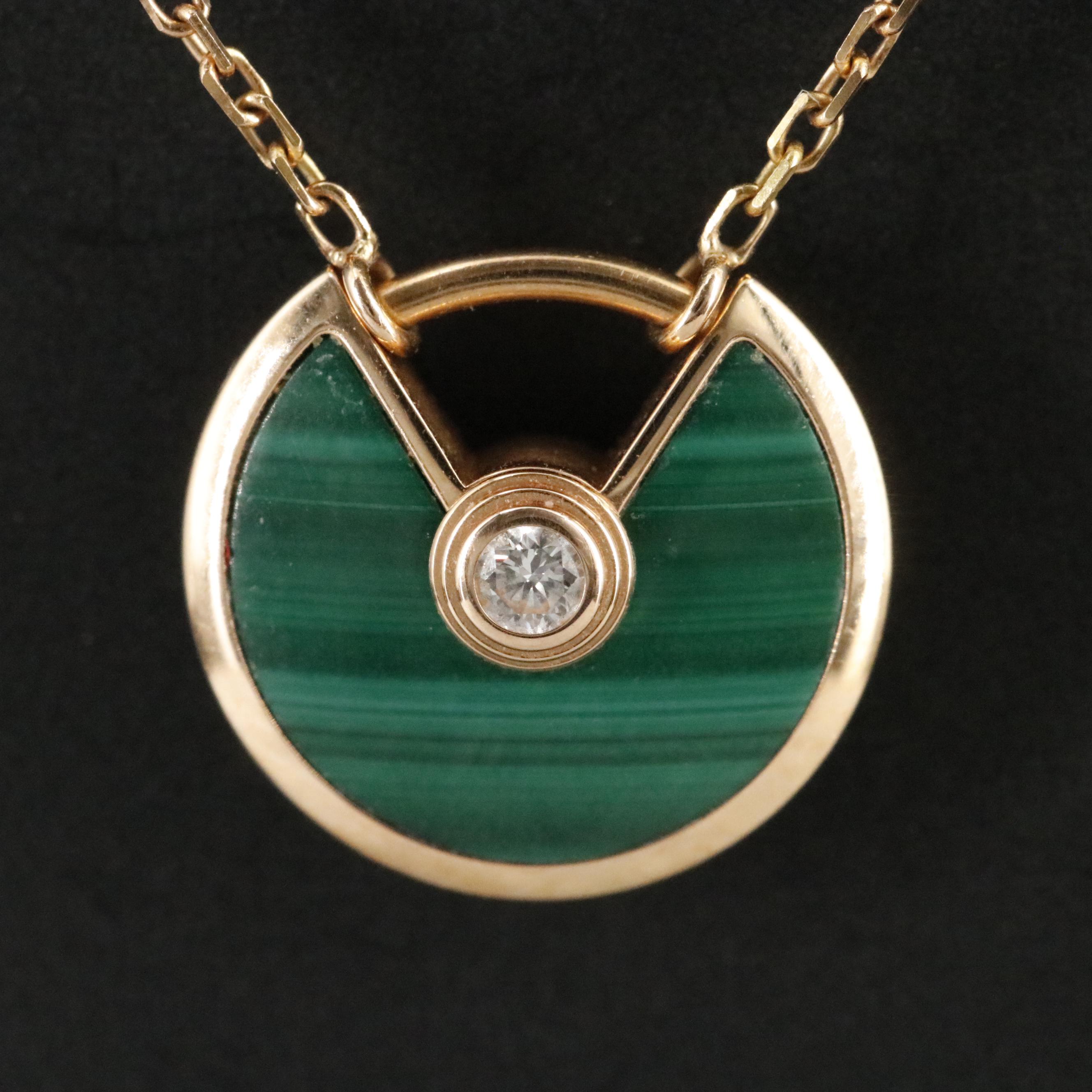 Cartier Amulette de Cartier 18K Rose Gold Malachite Diamond Necklace with COA