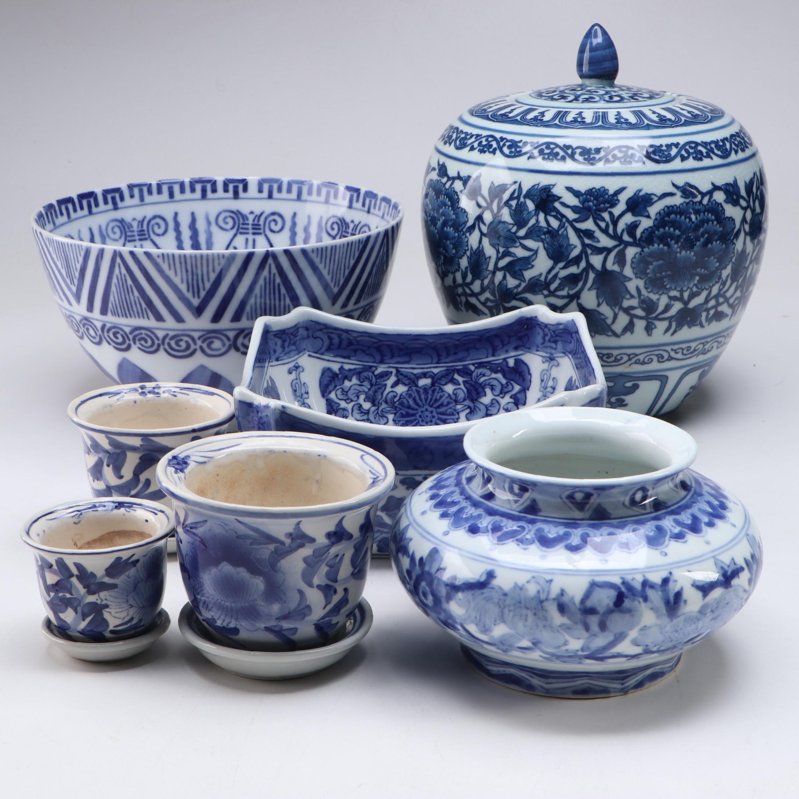 Chinese Melon Jar and Vase with More Asian Style Blue and White Ceramics