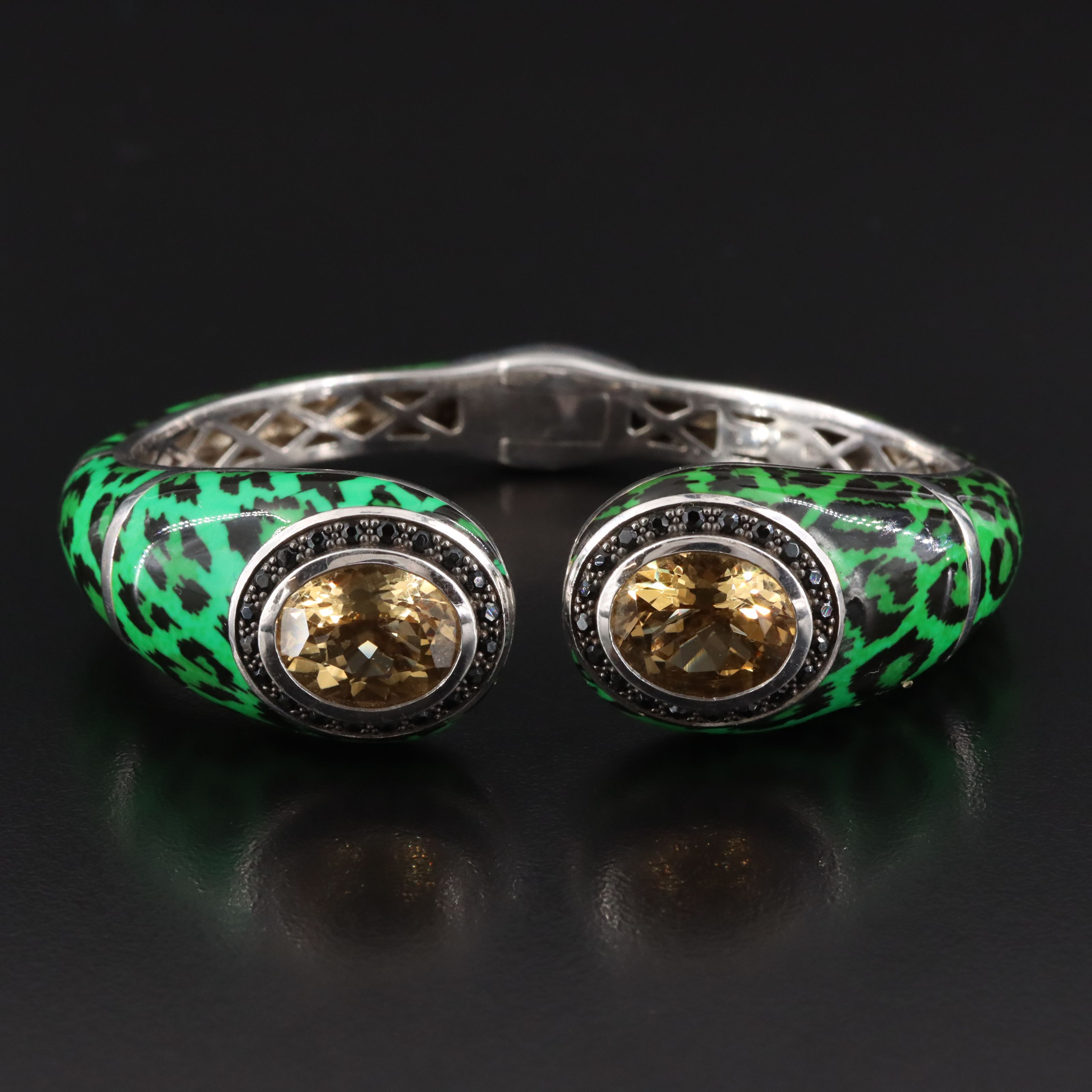 Sterling Citrine, CZ and Enamel Leopard Print Bangle Bracelet
