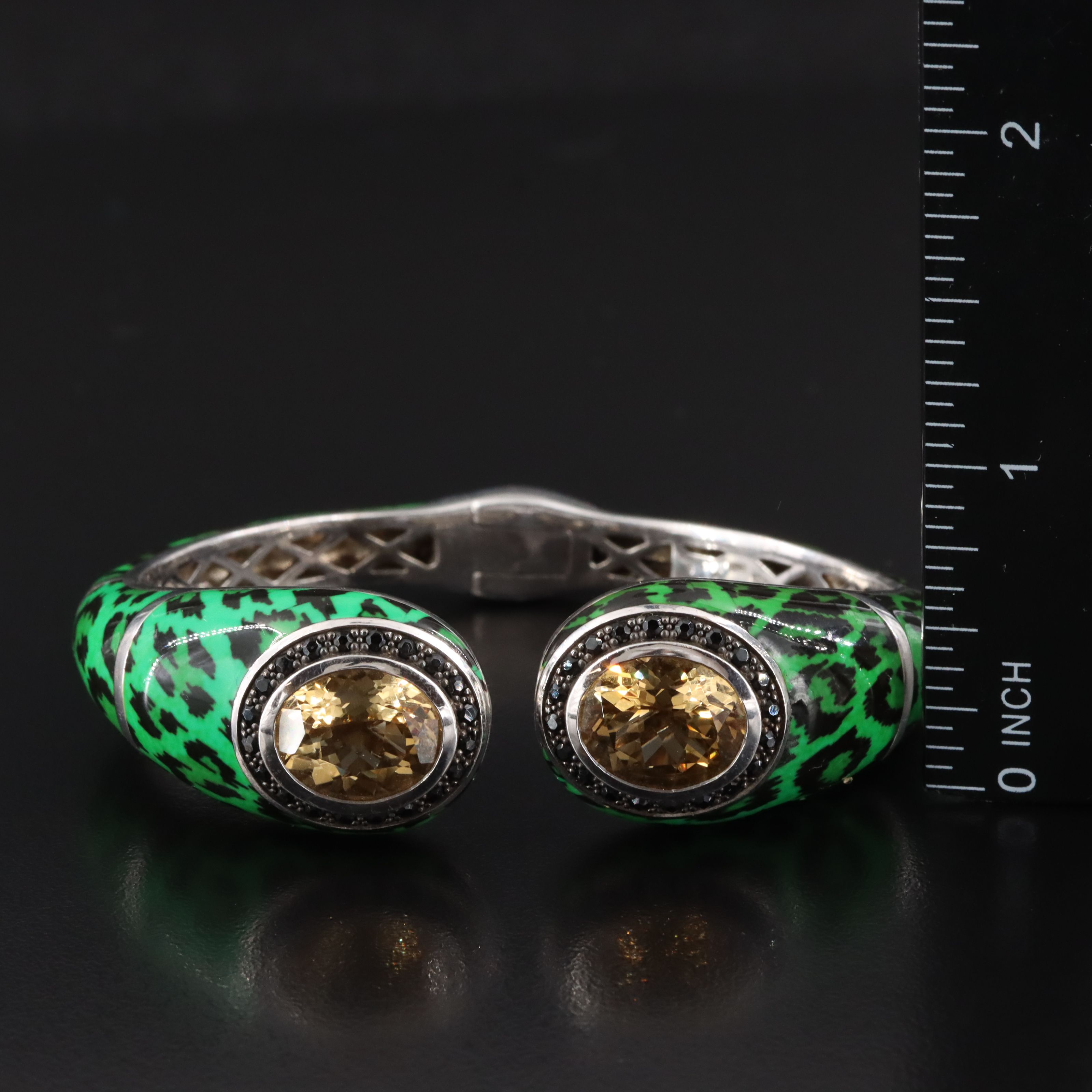 Sterling Citrine, CZ and Enamel Leopard Print Bangle Bracelet