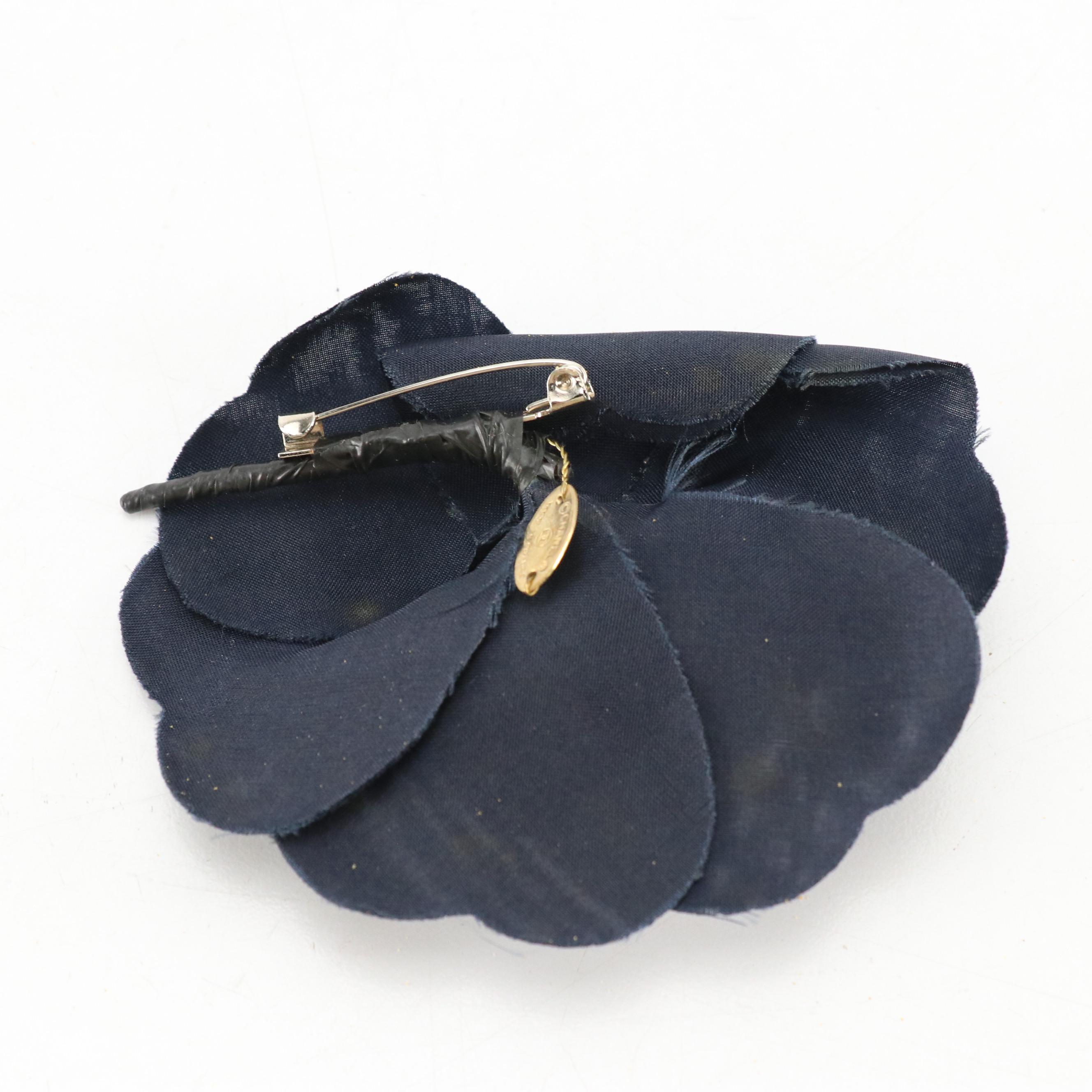 Chanel Navy Silk Camellia Flower Brooch
