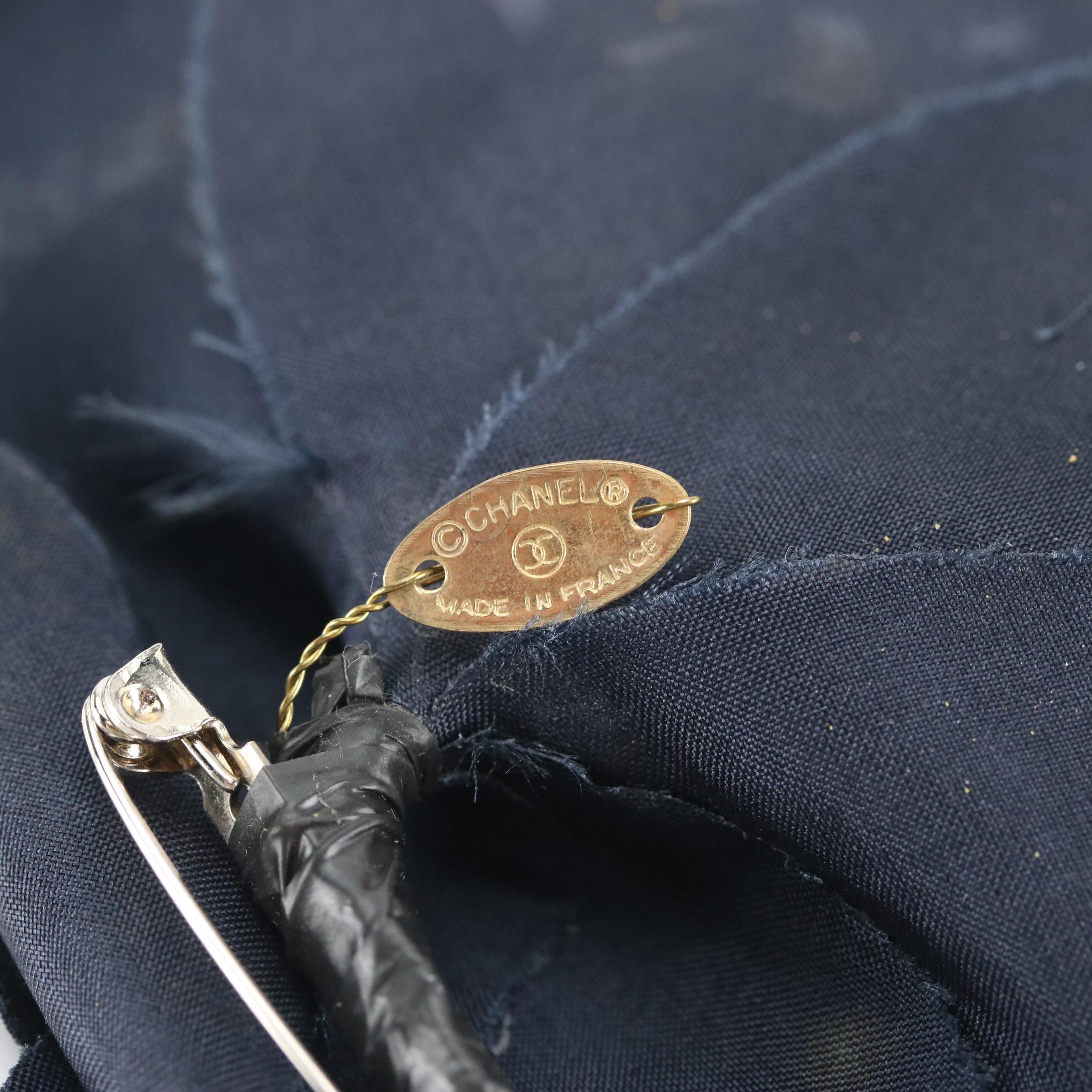 Chanel Navy Silk Camellia Flower Brooch