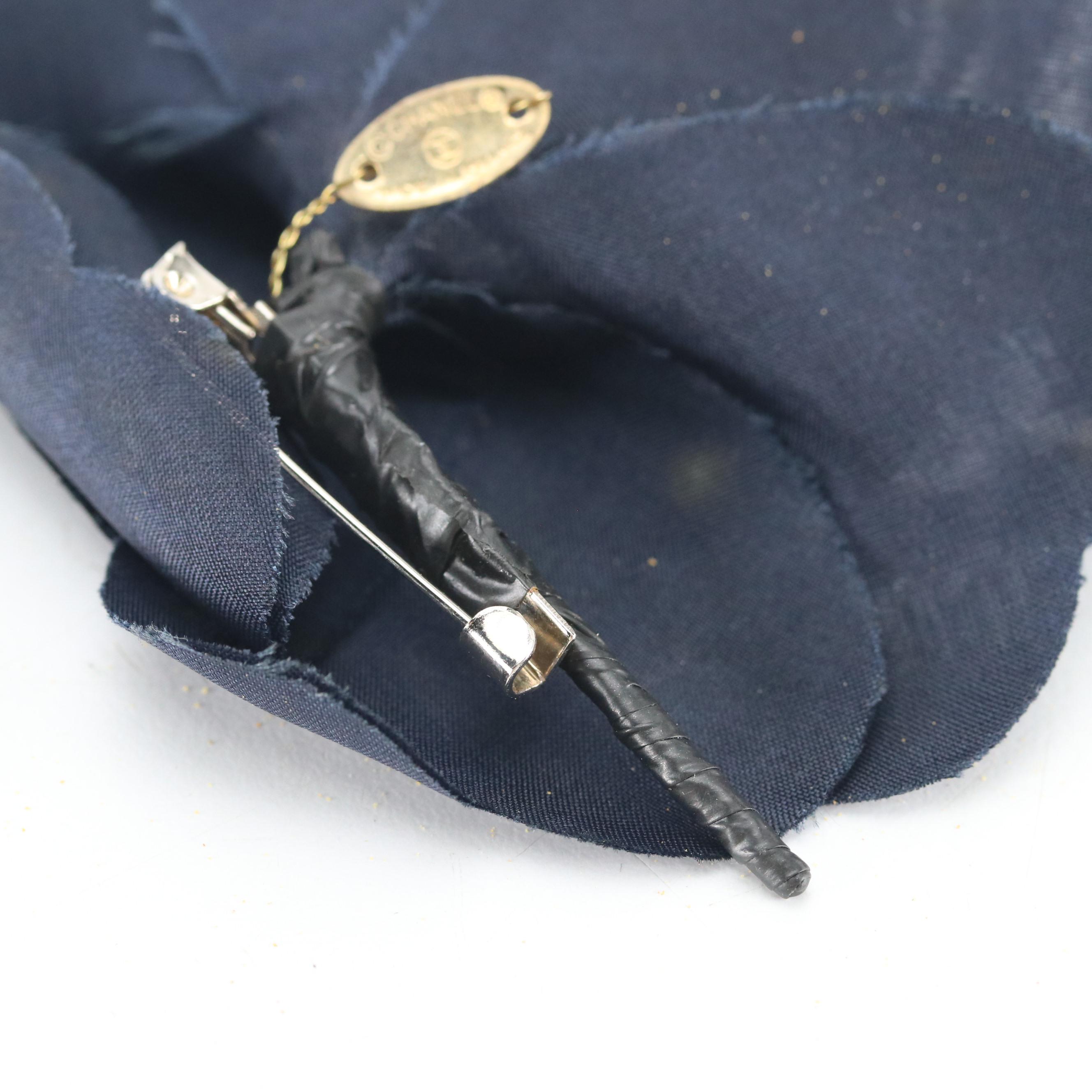Chanel Navy Silk Camellia Flower Brooch