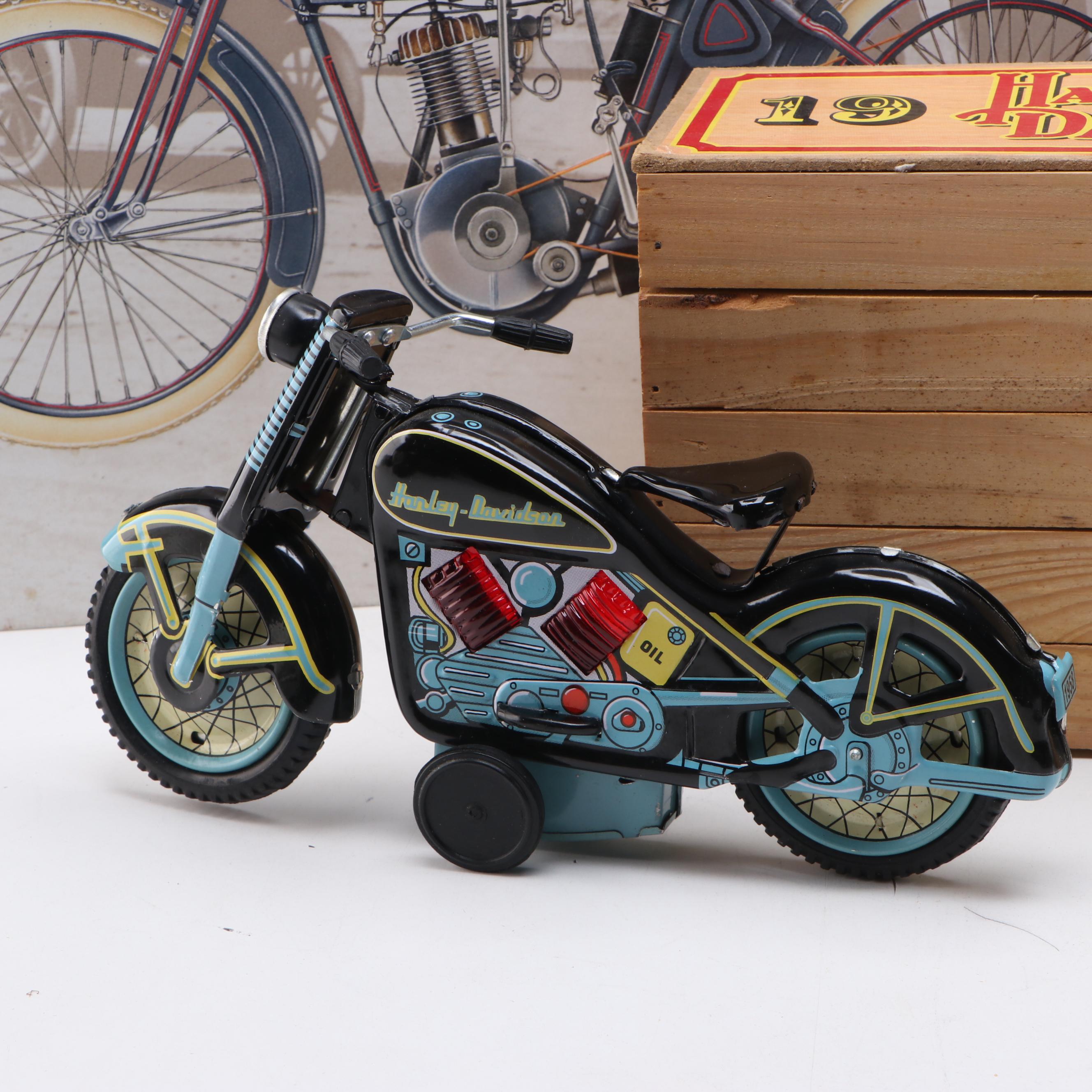 Xonex Tin Model 1950s Harley-Davidson with "The Silent Gray Fellow" Sign