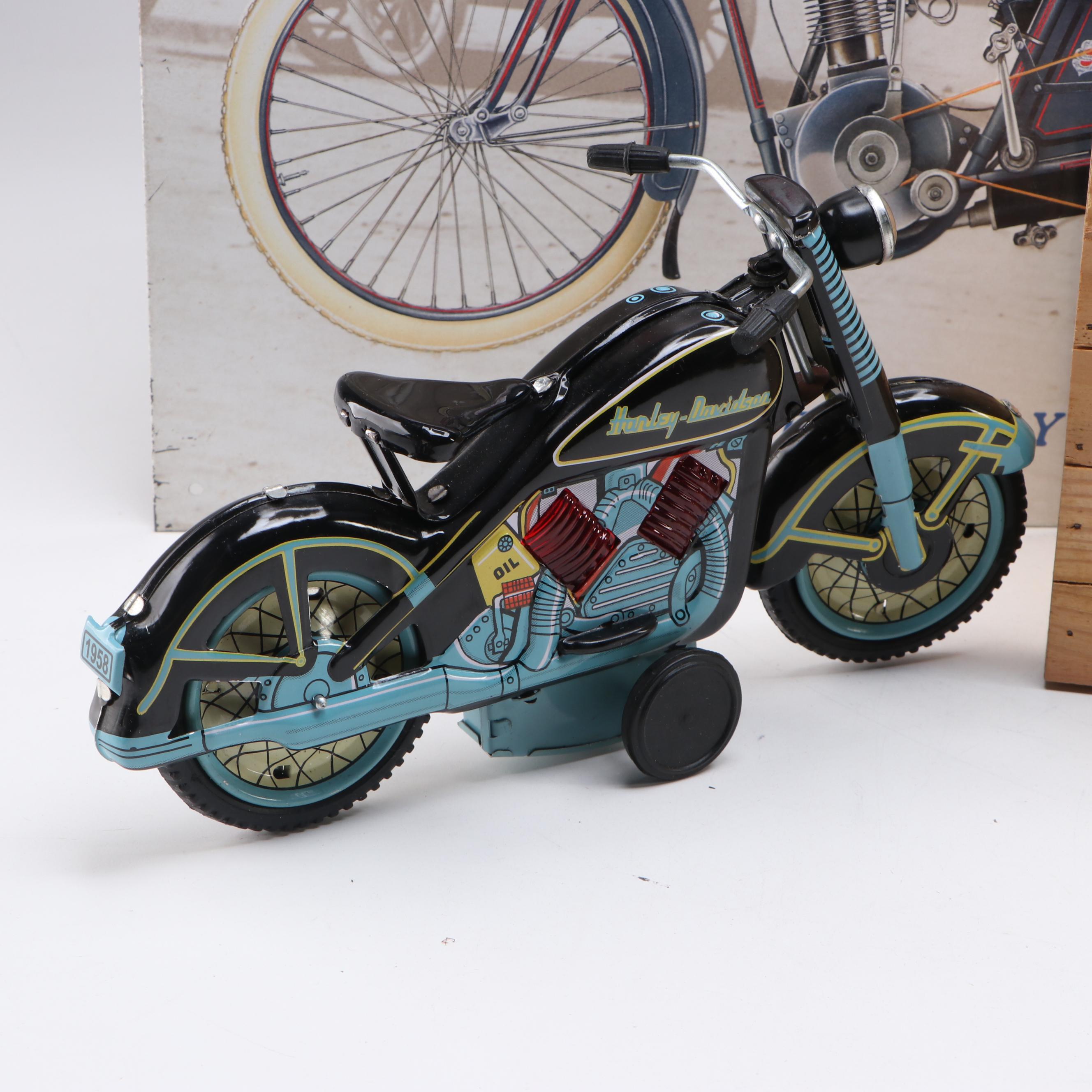 Xonex Tin Model 1950s Harley-Davidson with "The Silent Gray Fellow" Sign