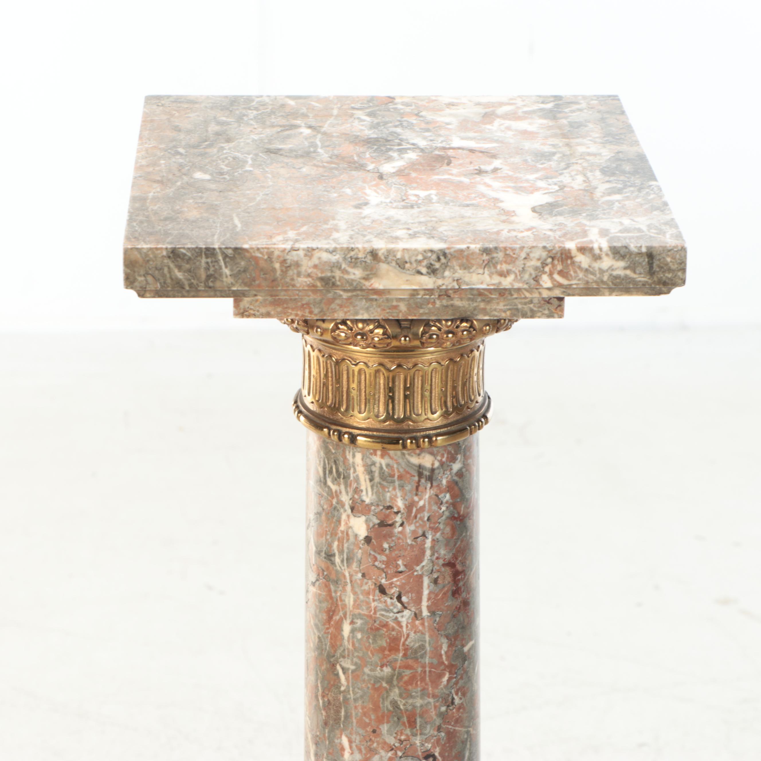 Neoclassical Style Marble Column with Brass Finish Accents