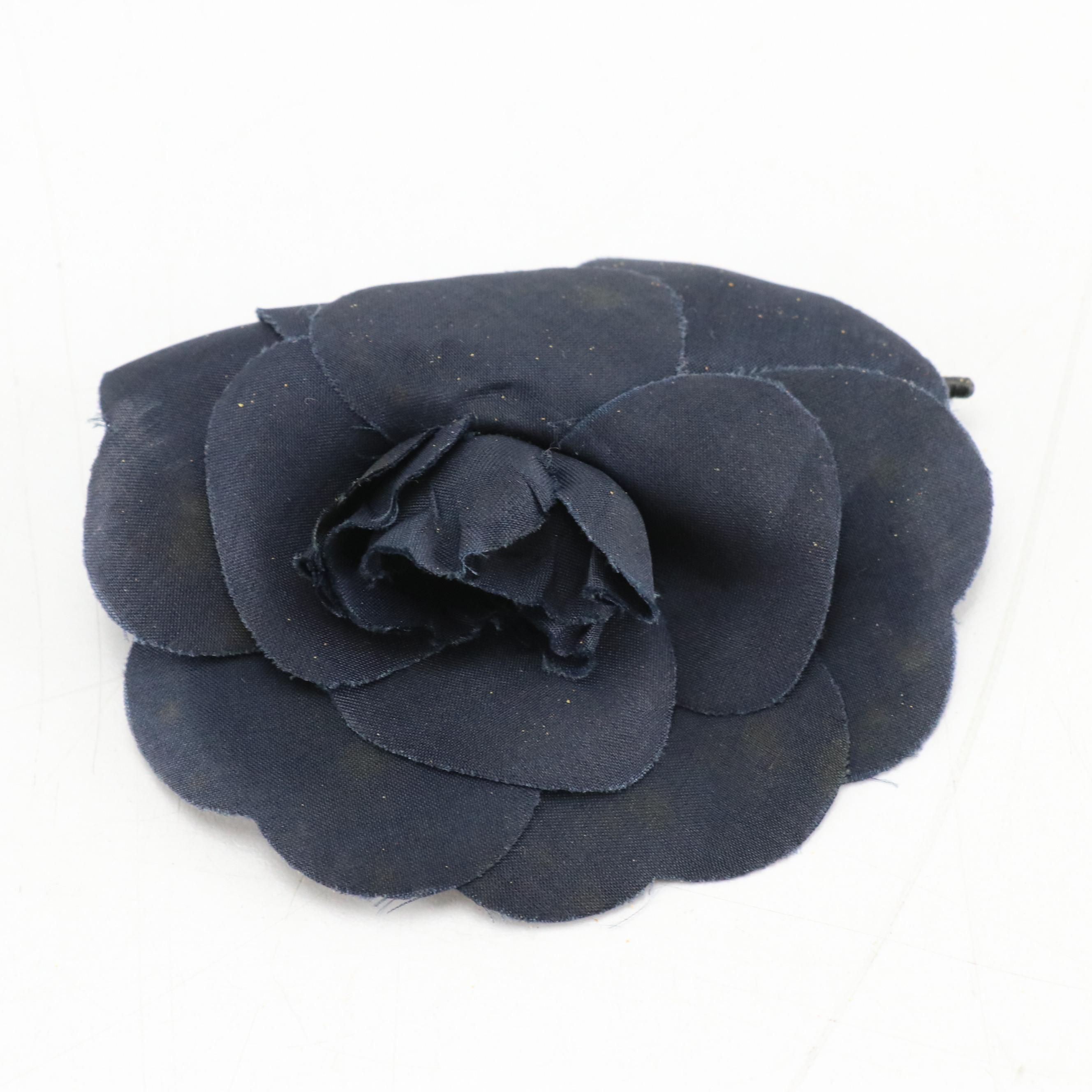Chanel Navy Silk Camellia Flower Brooch