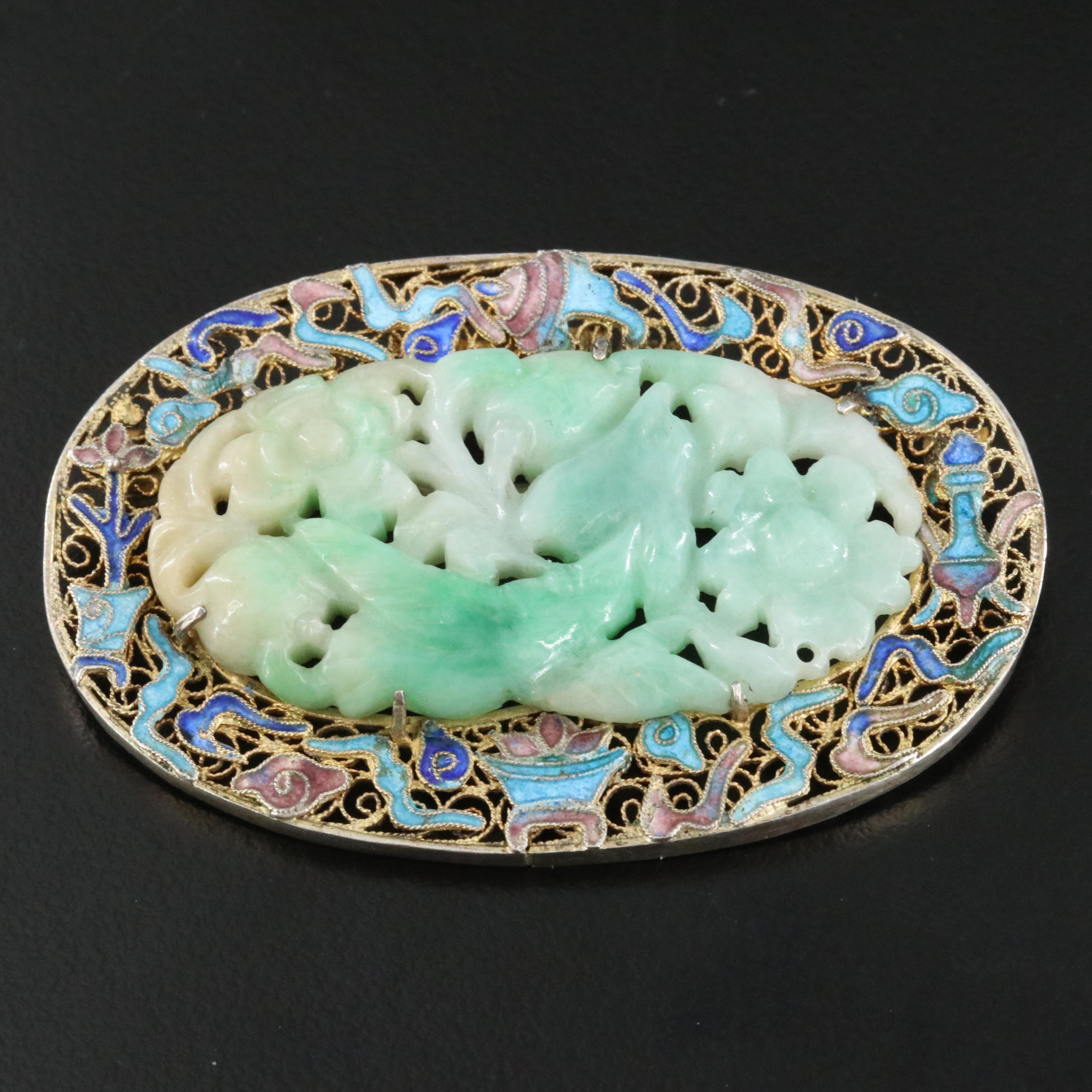 Chinese Export Sterling Jadeite and Cloissoné Bird and Floral Brooch