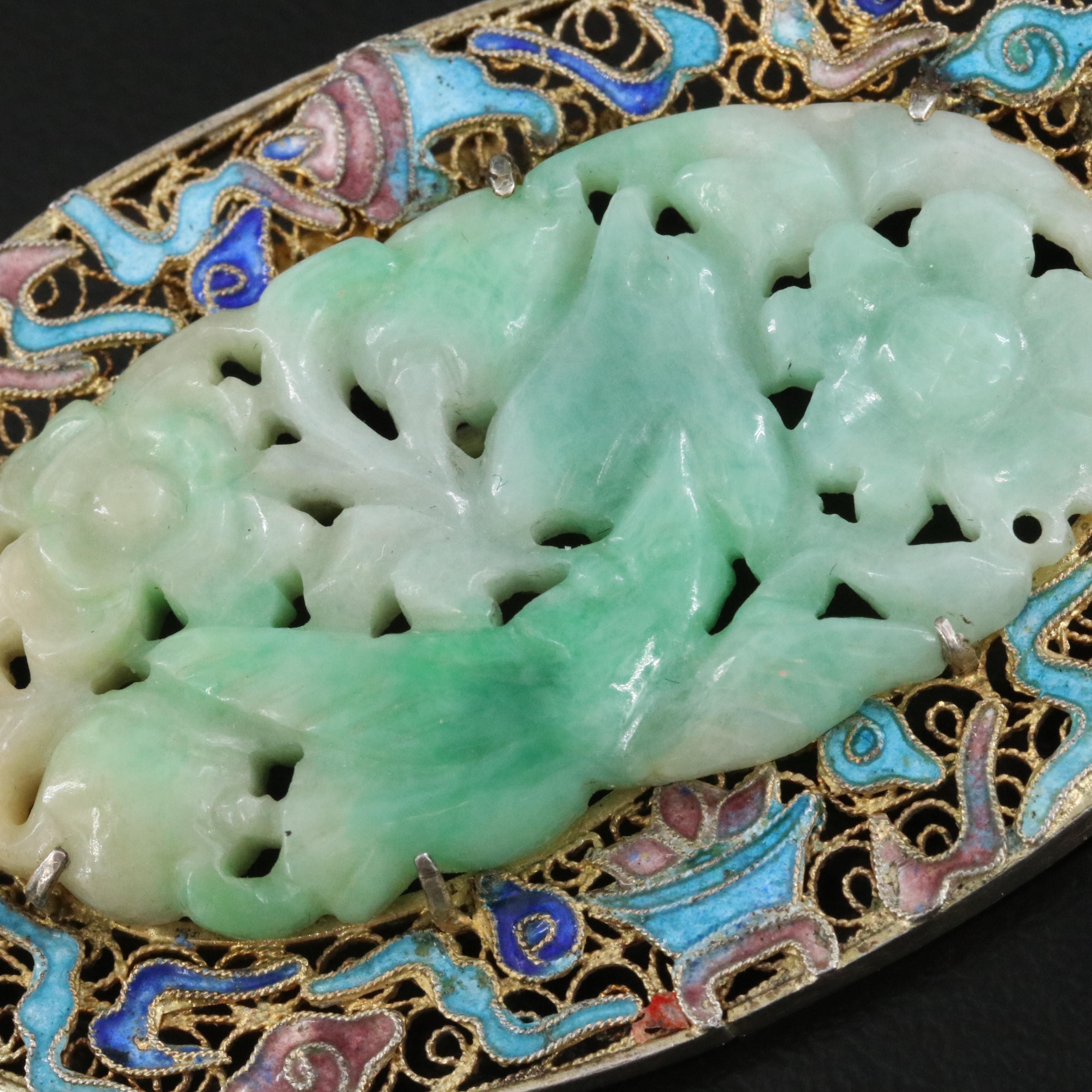 Chinese Export Sterling Jadeite and Cloissoné Bird and Floral Brooch