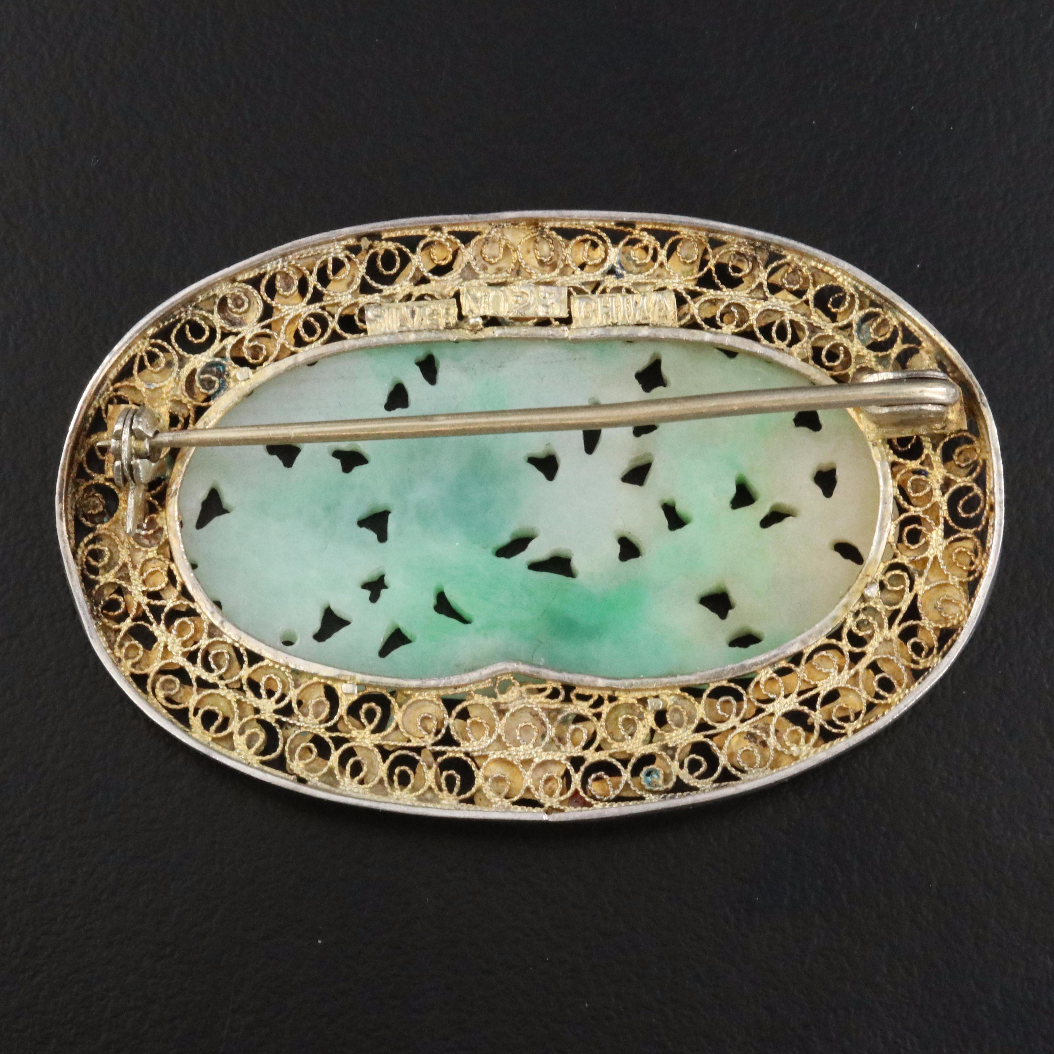 Chinese Export Sterling Jadeite and Cloissoné Bird and Floral Brooch