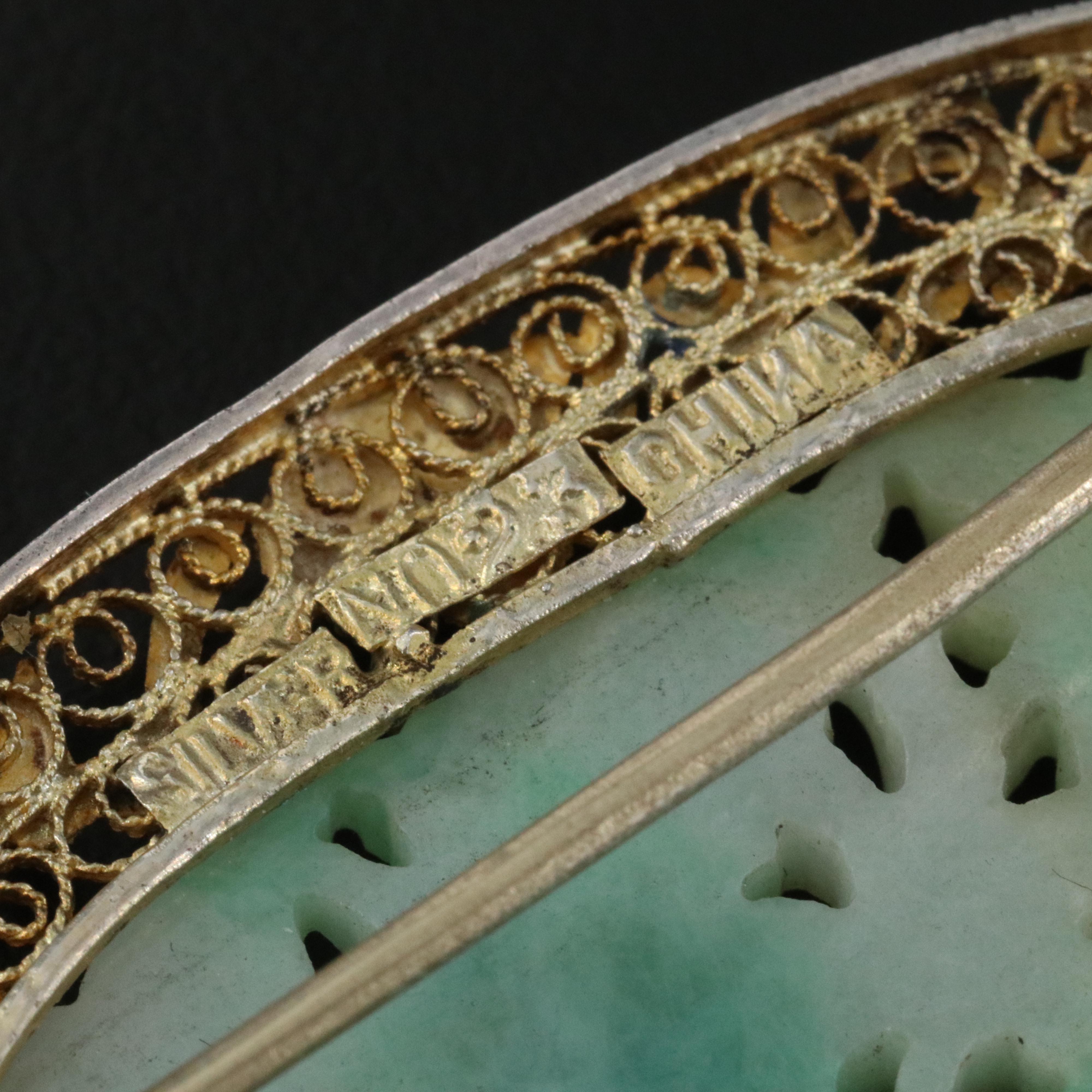 Chinese Export Sterling Jadeite and Cloissoné Bird and Floral Brooch