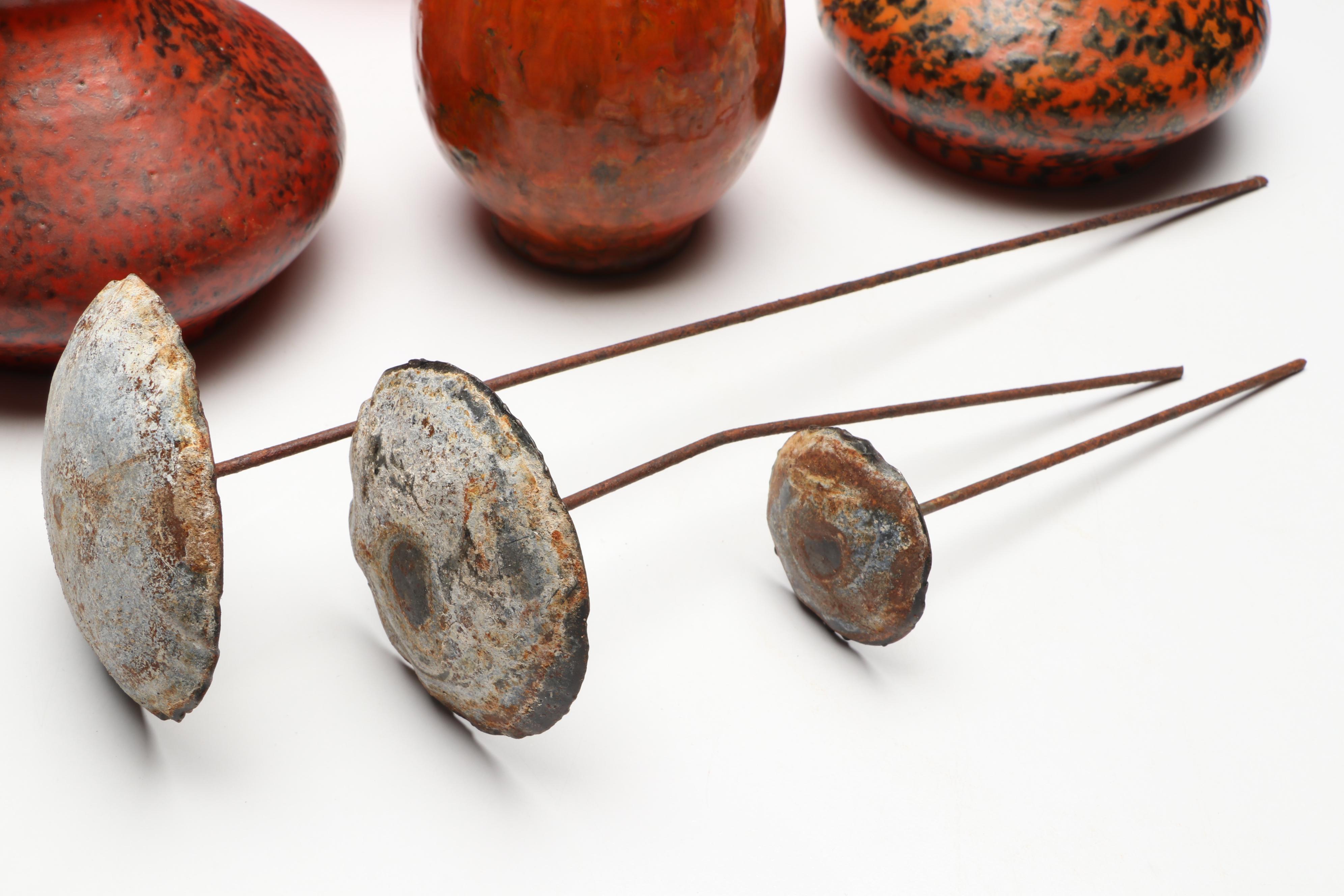 Mid-Century Mottled Orange and Red Pottery Vases