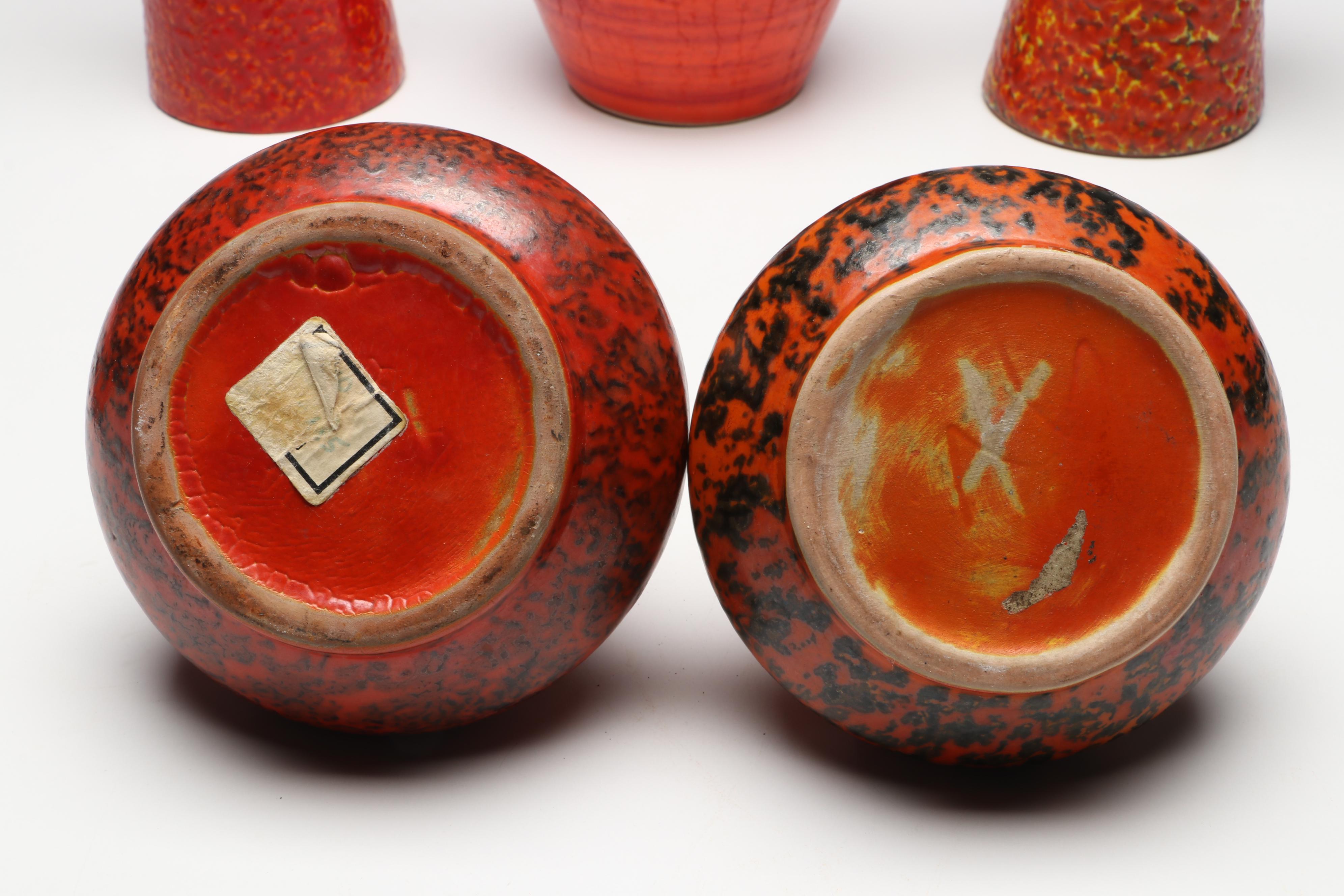 Mid-Century Mottled Orange and Red Pottery Vases