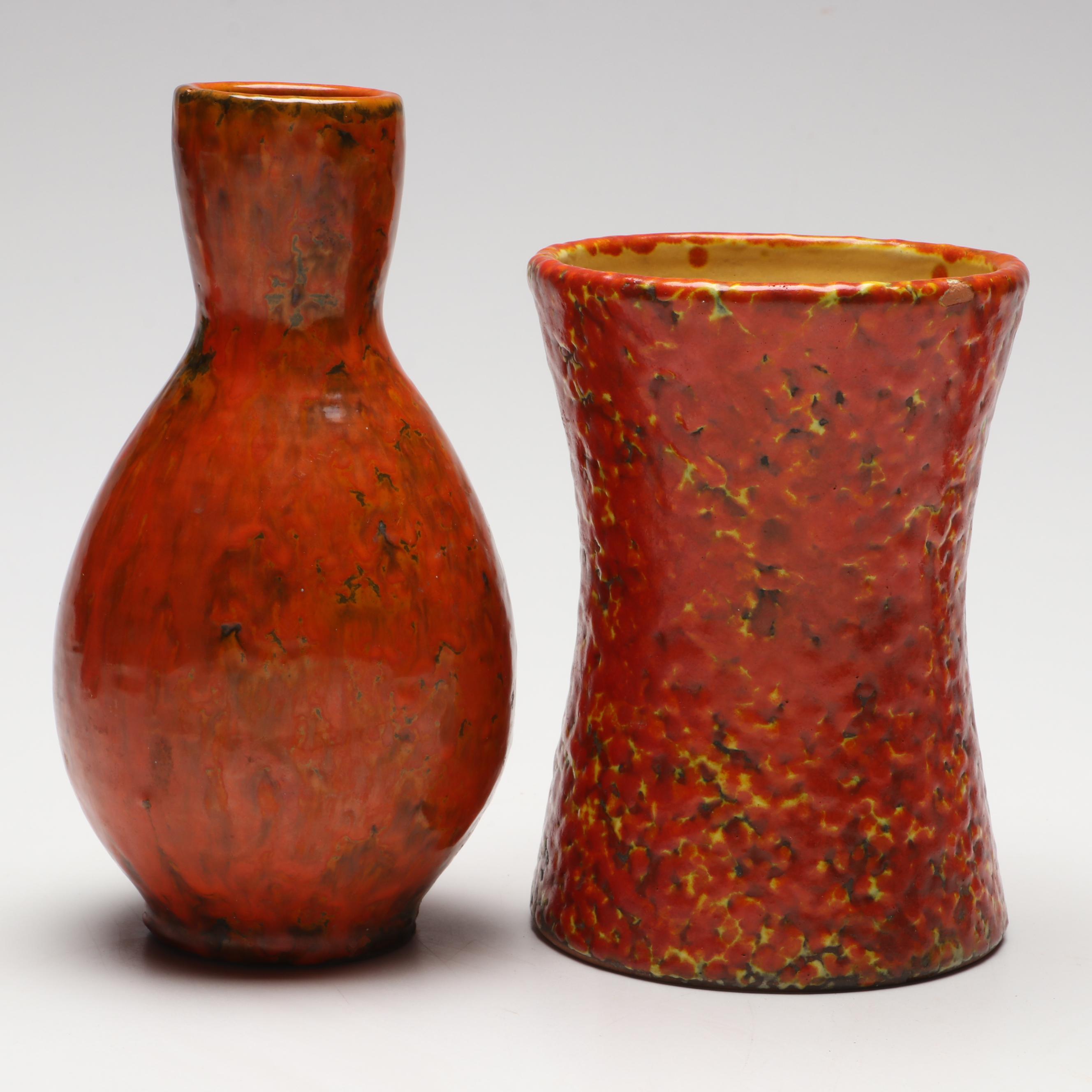 Mid-Century Mottled Orange and Red Pottery Vases