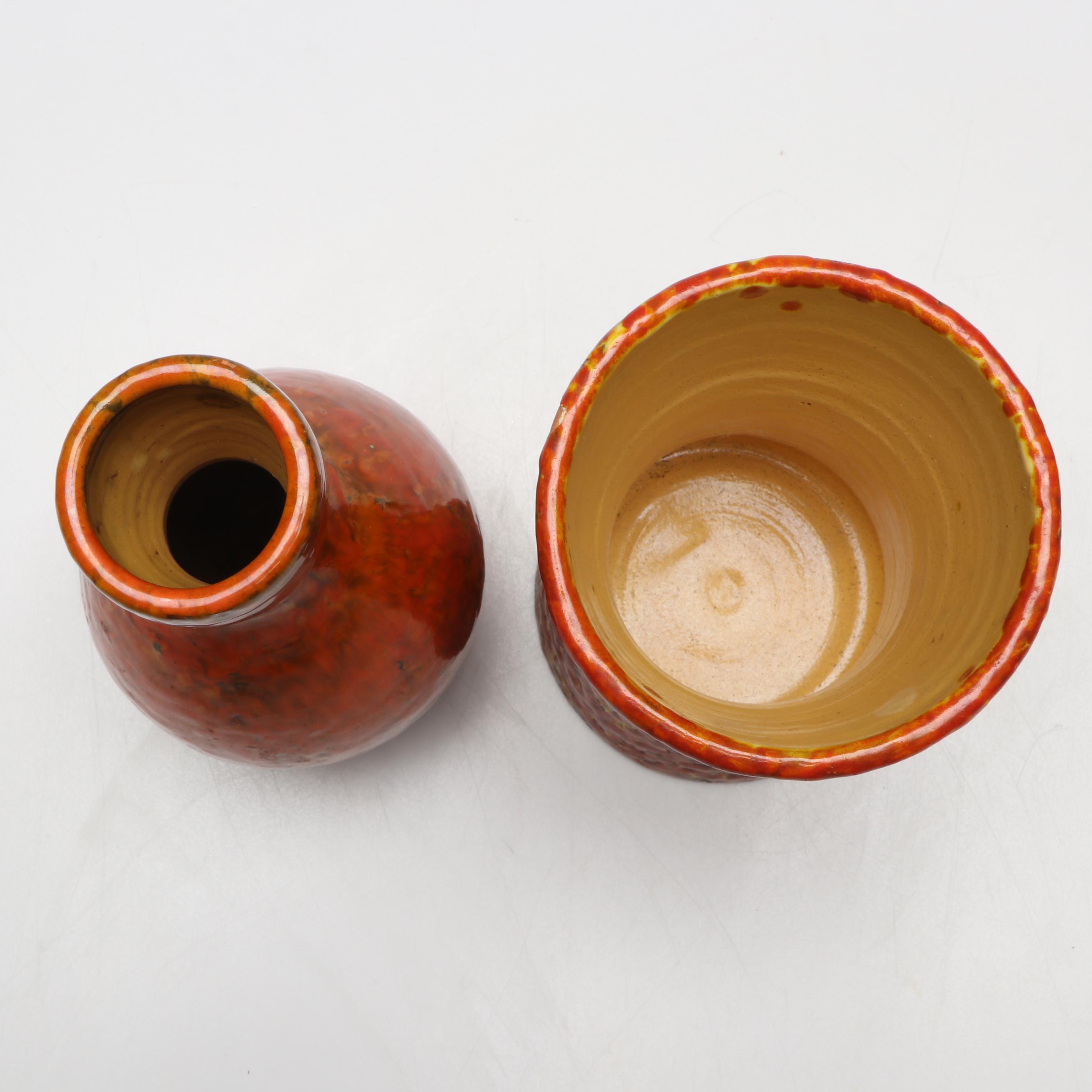 Mid-Century Mottled Orange and Red Pottery Vases
