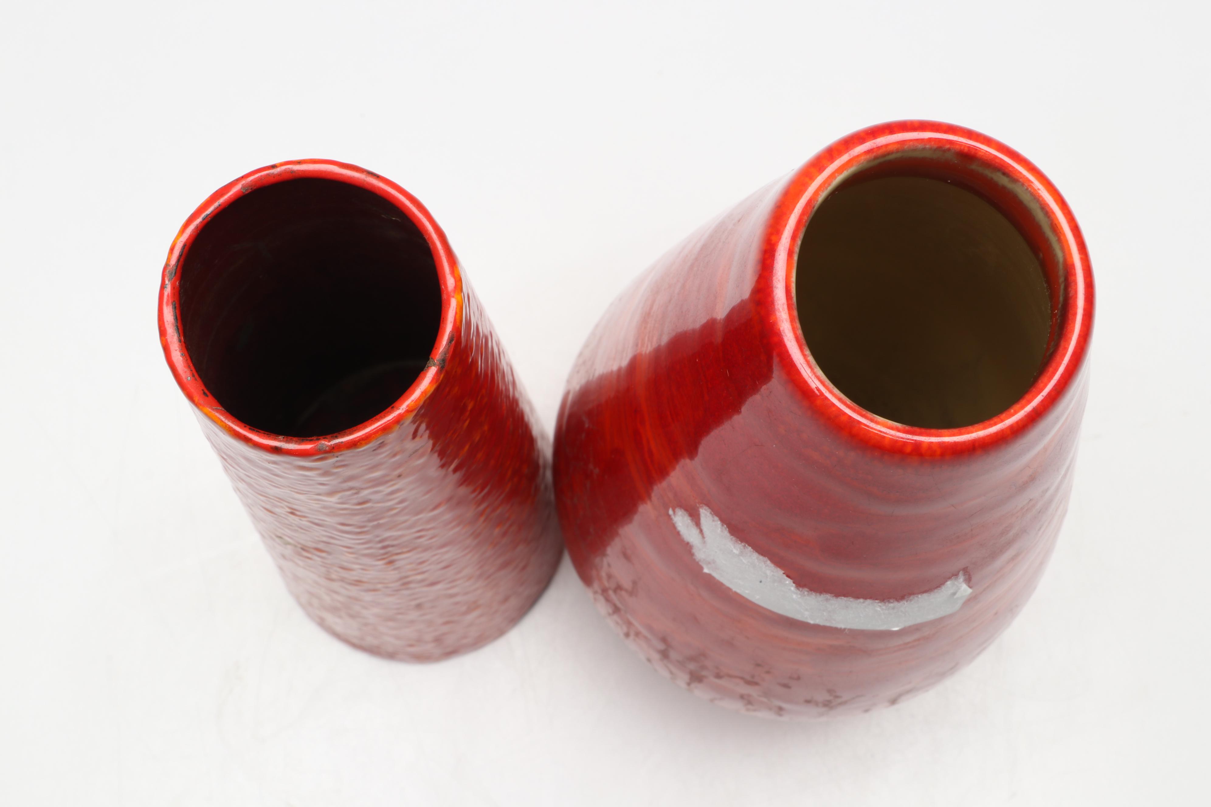 Mid-Century Mottled Orange and Red Pottery Vases