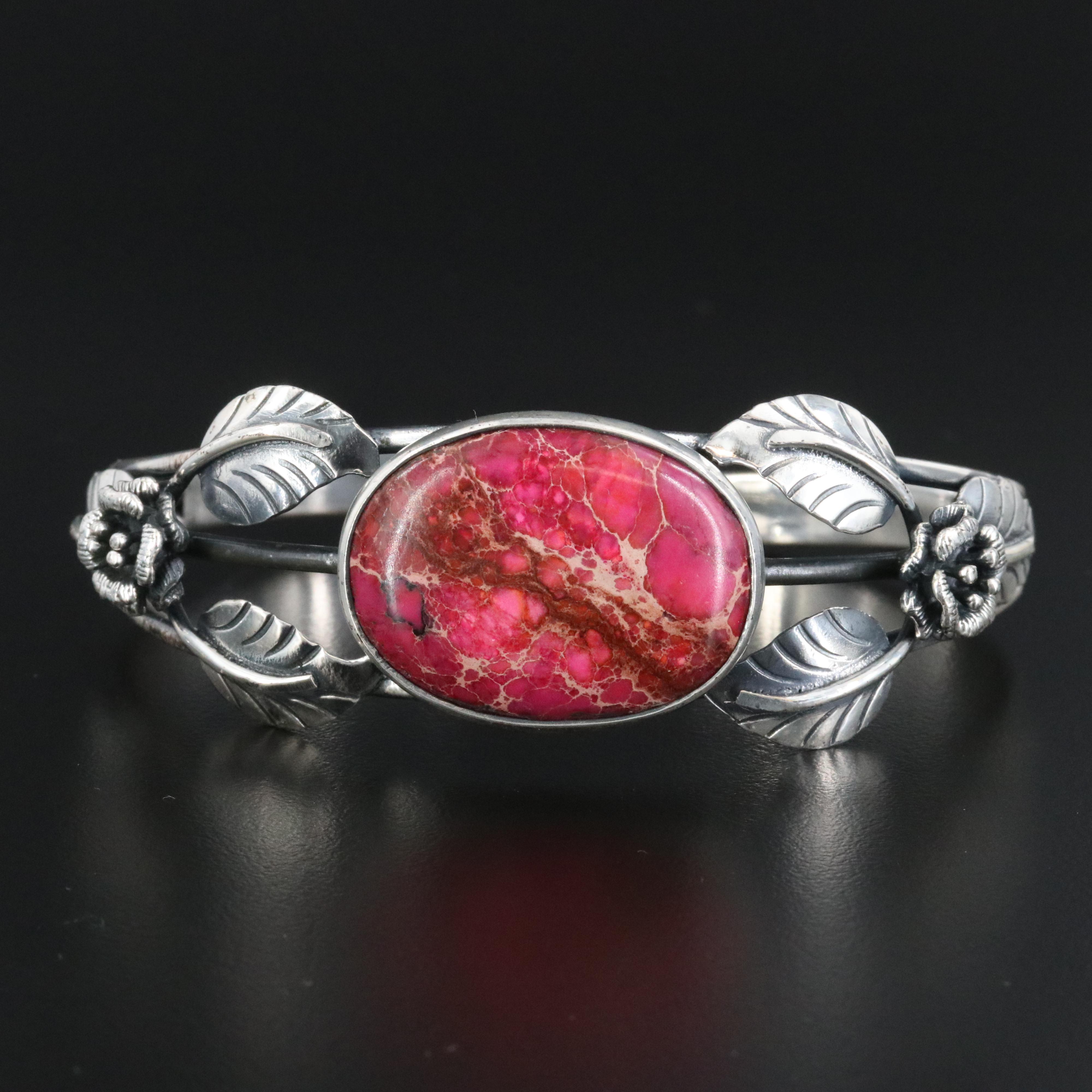 Sterling Jasper Flower Cuff Bracelet