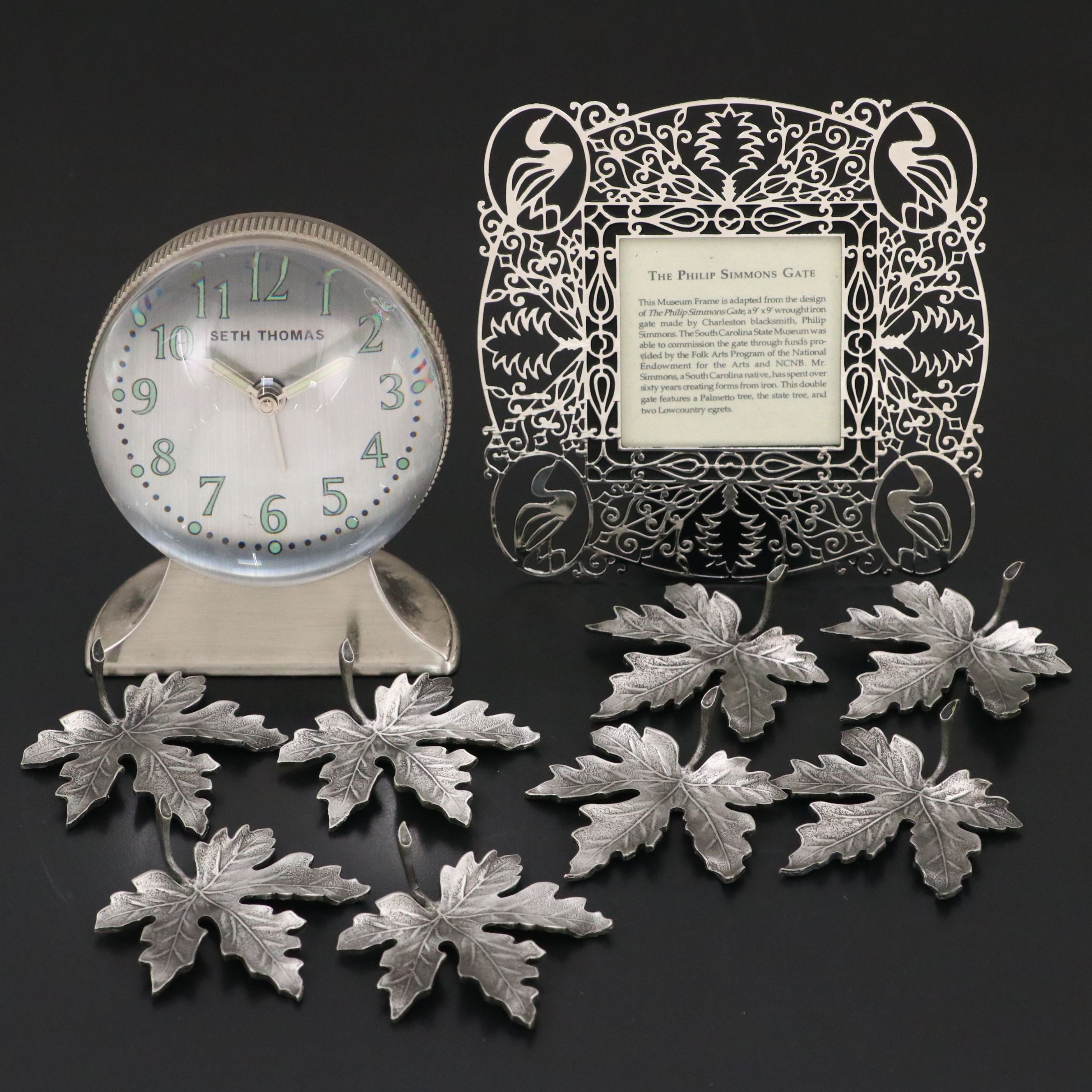 Seth Thomas Desk Clock, Philips Simmons Gate Frame, and Leaf Place Card Holders