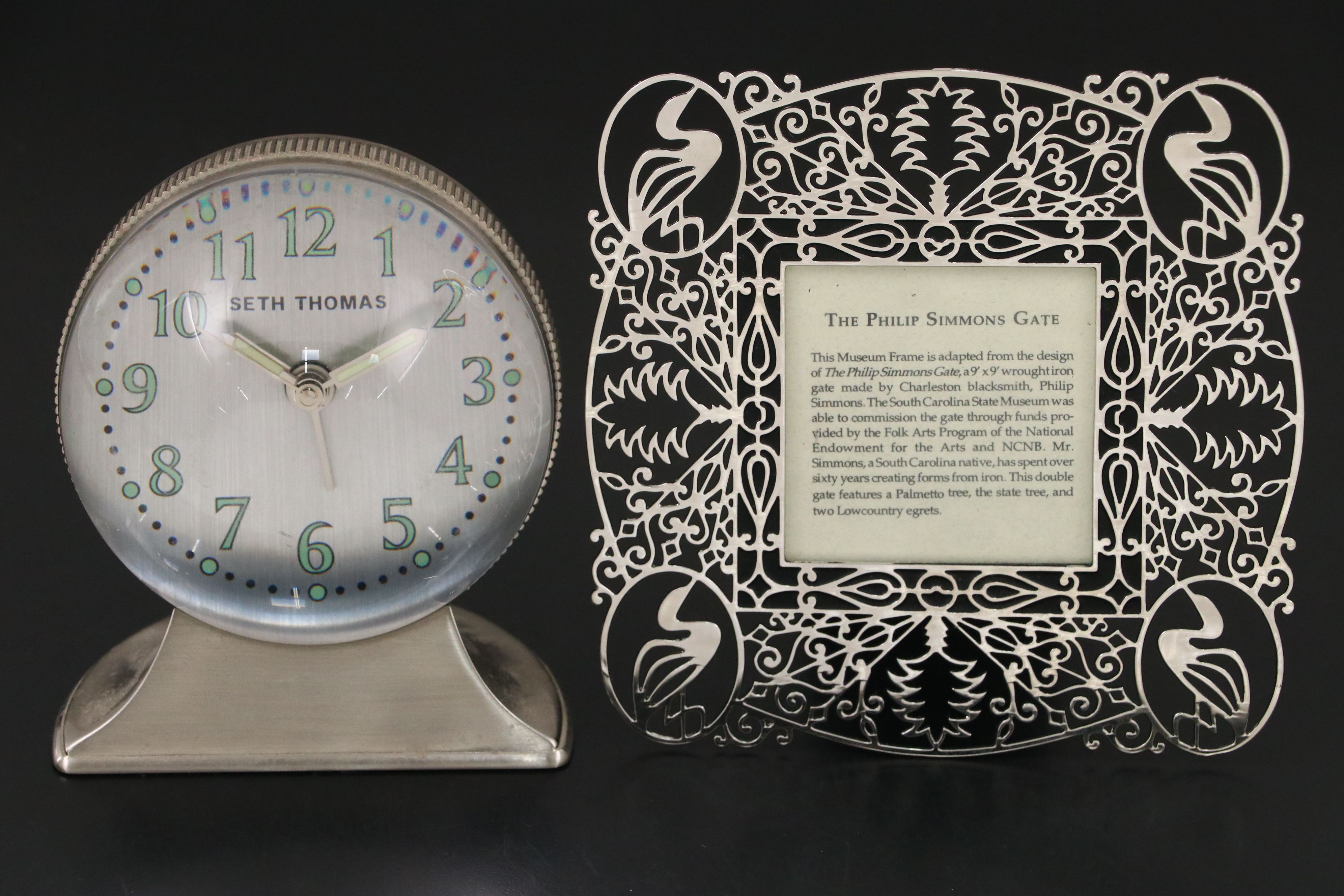 Seth Thomas Desk Clock, Philips Simmons Gate Frame, and Leaf Place Card Holders