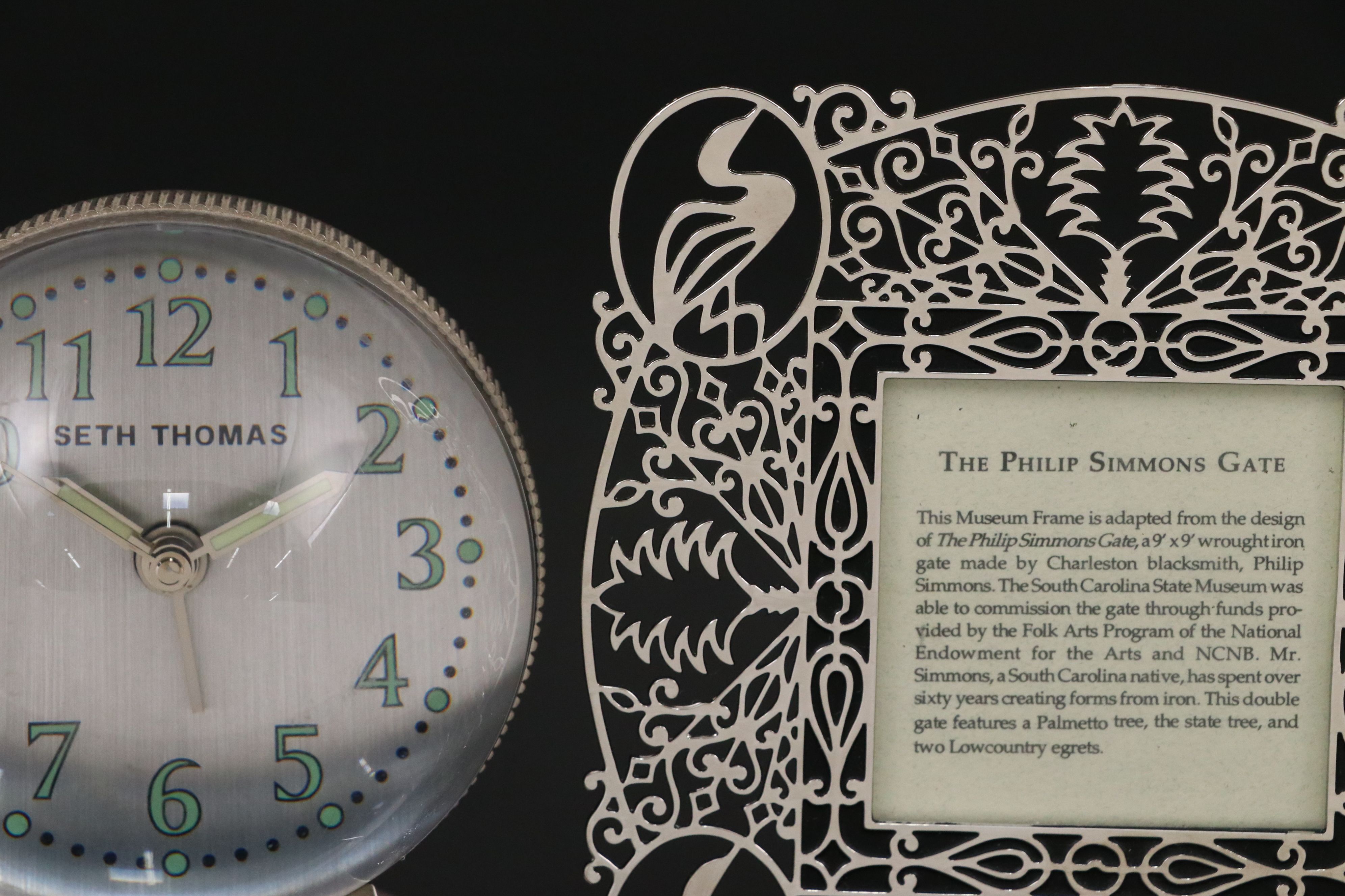 Seth Thomas Desk Clock, Philips Simmons Gate Frame, and Leaf Place Card Holders
