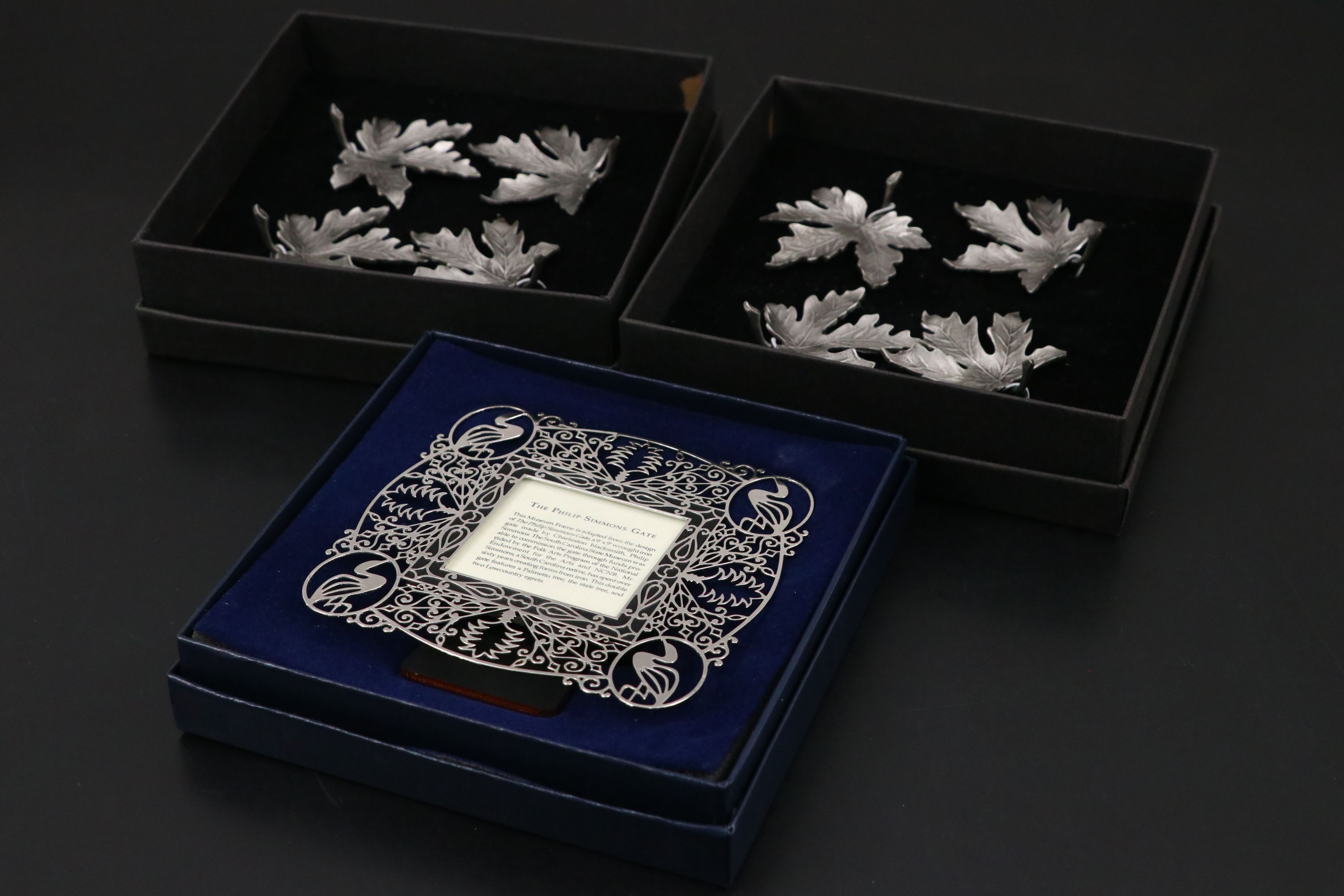 Seth Thomas Desk Clock, Philips Simmons Gate Frame, and Leaf Place Card Holders