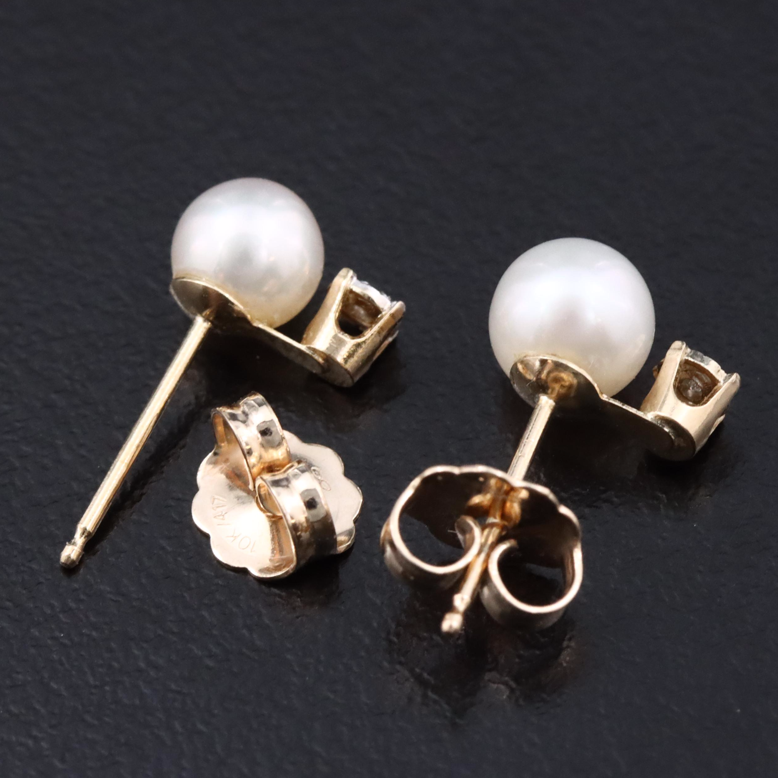 10K Pearl and Diamond Stud Earrings