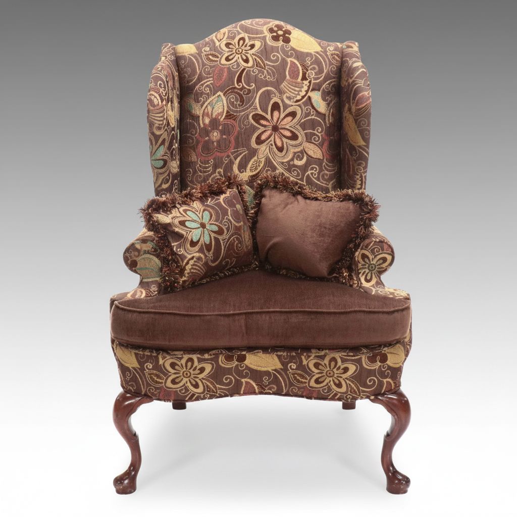 Georgian Style Mixed Upholstery Wingback Armchair, Late 20th Century