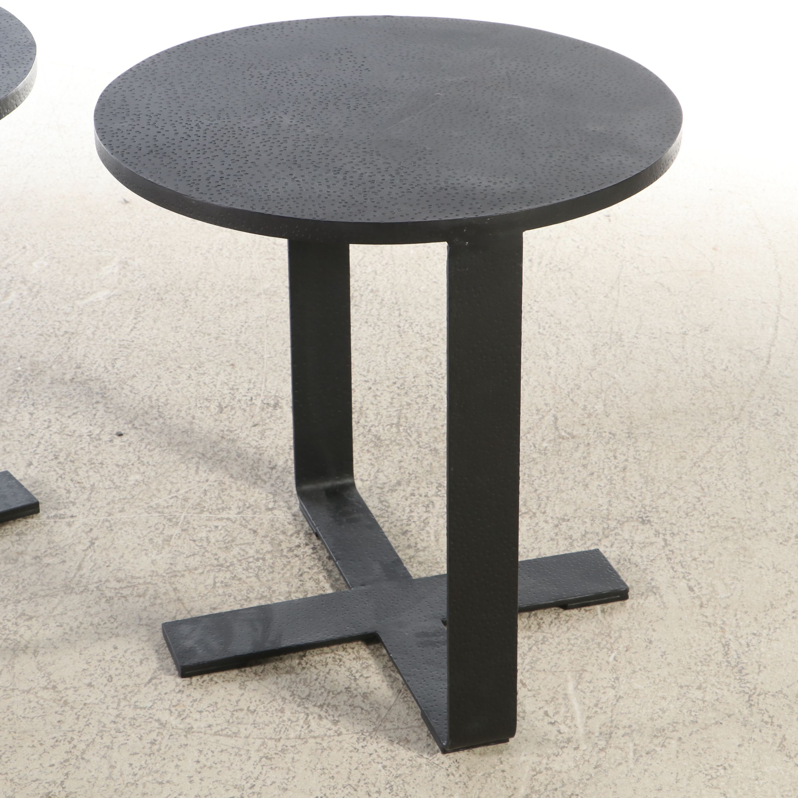 Pair of Contemporary Iron End Tables with Pitted Finish