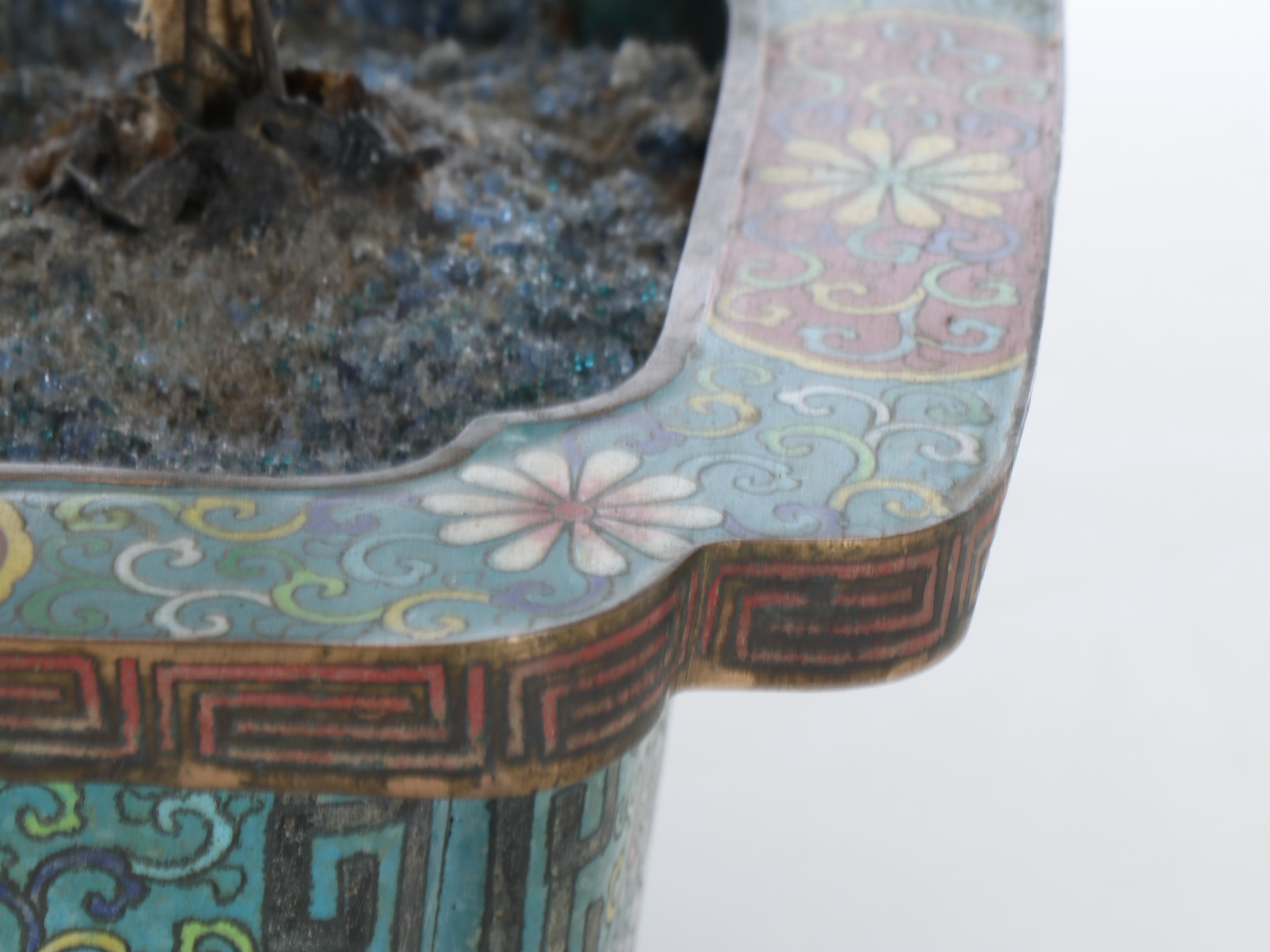 Chinese Carved Rose Quartz, Agate, and Glass Bonsai in Cloisonné Base