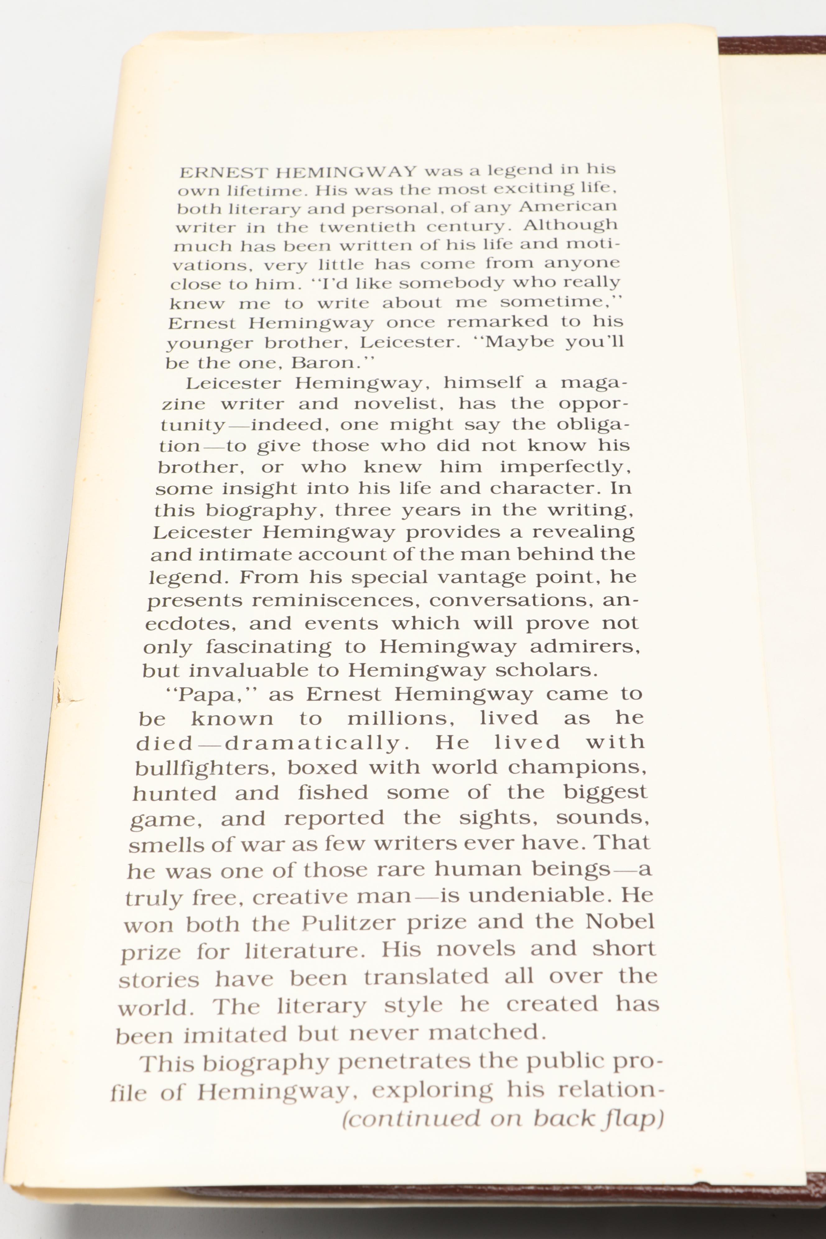 Signed Second Edition "My Brother, Ernest Hemingway" by Leicester Hemingway