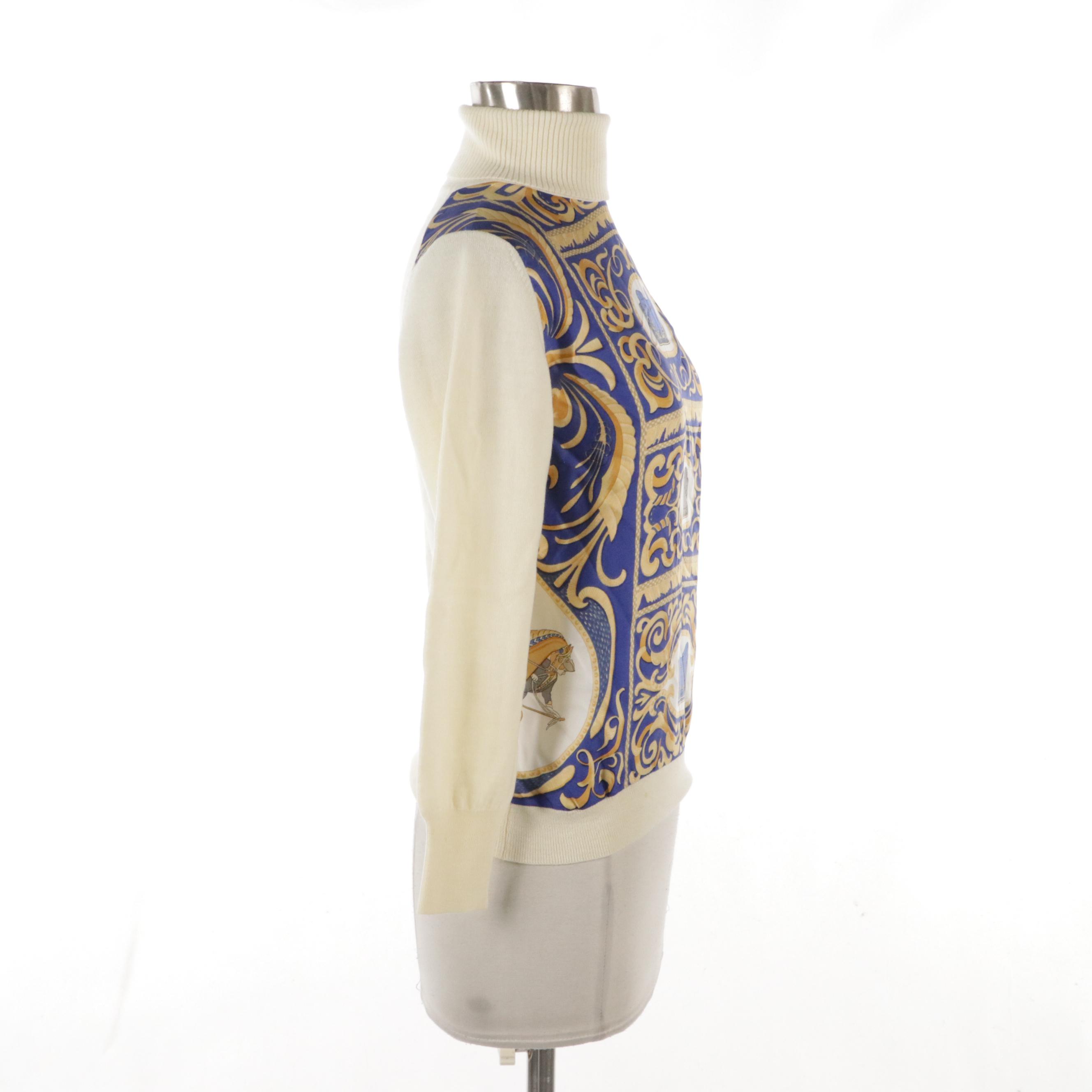 Hermès Turtleneck Sweater in Cream Wool and "La Présentation" Silk Twill