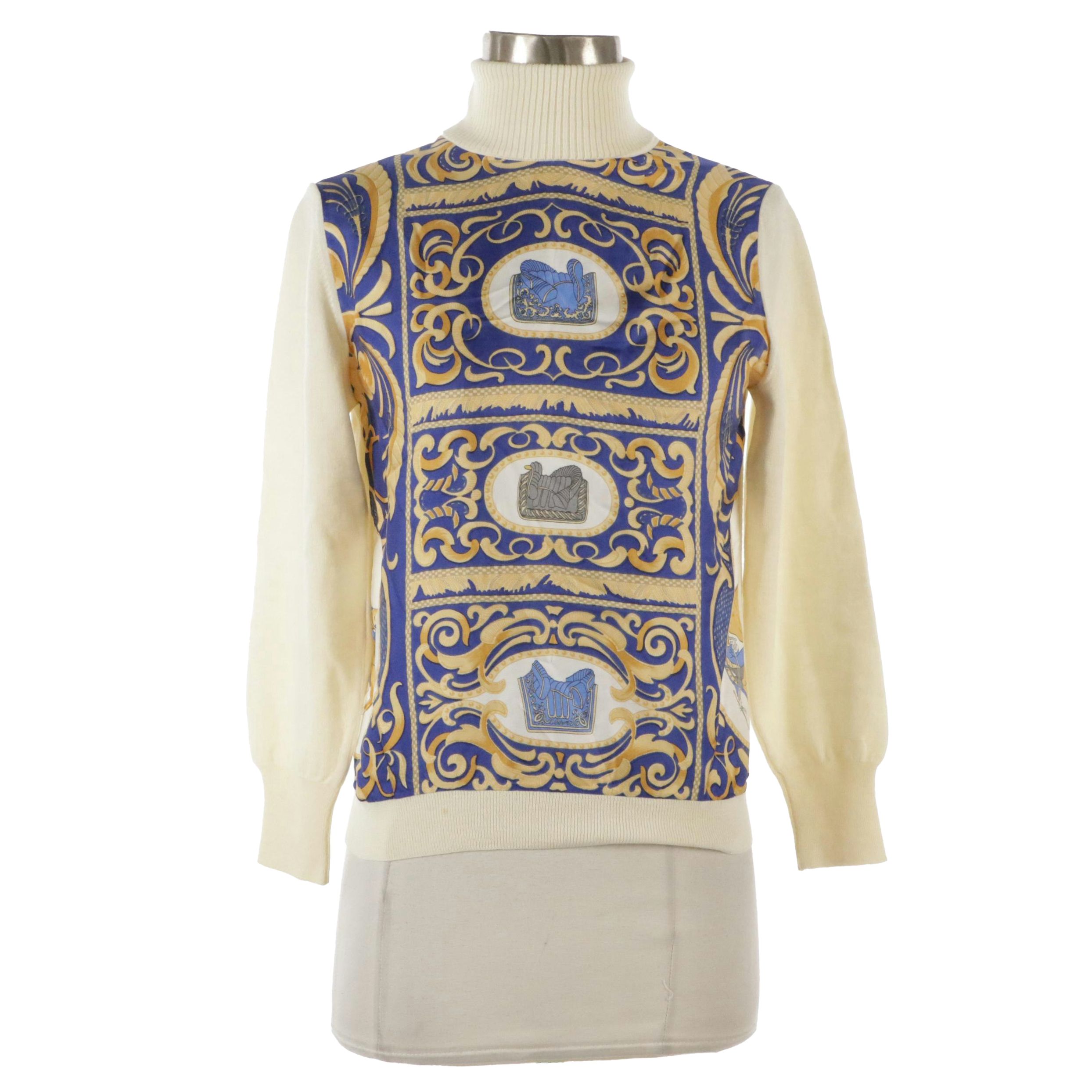 Hermès Turtleneck Sweater in Cream Wool and "La Présentation" Silk Twill
