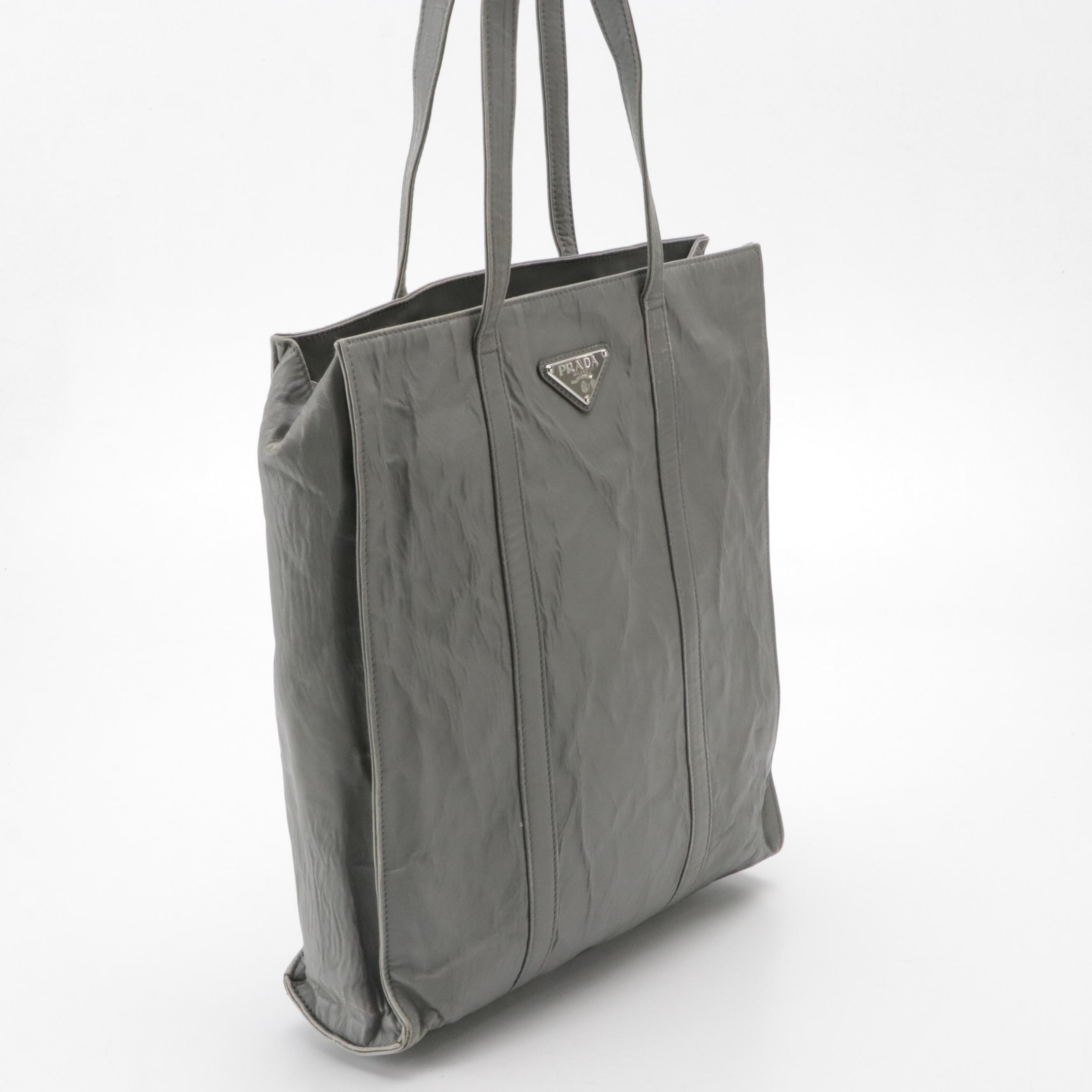 Prada Grey Crinkled Lambskin Leather Shoulder Tote