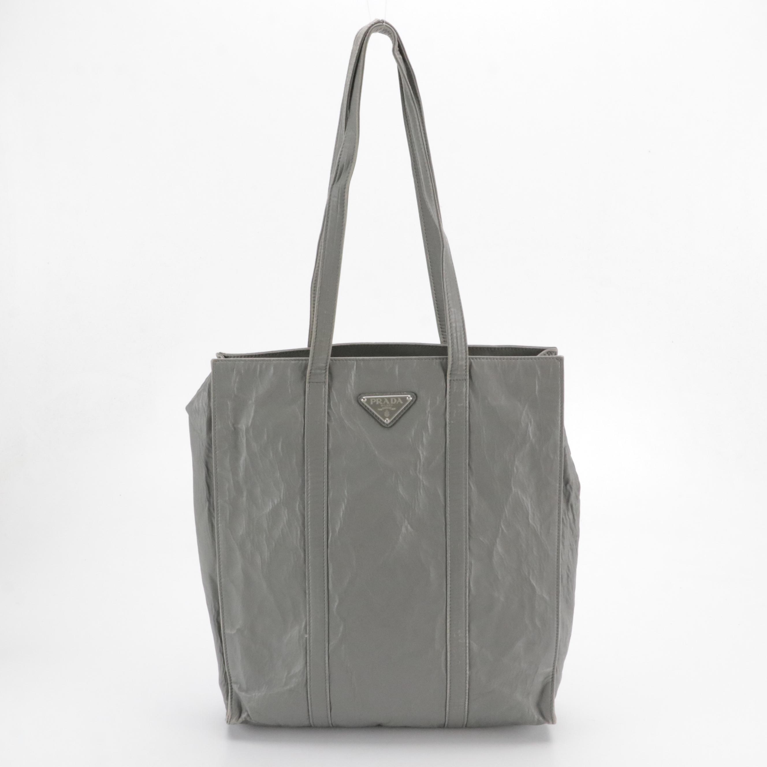 Prada Grey Crinkled Lambskin Leather Shoulder Tote