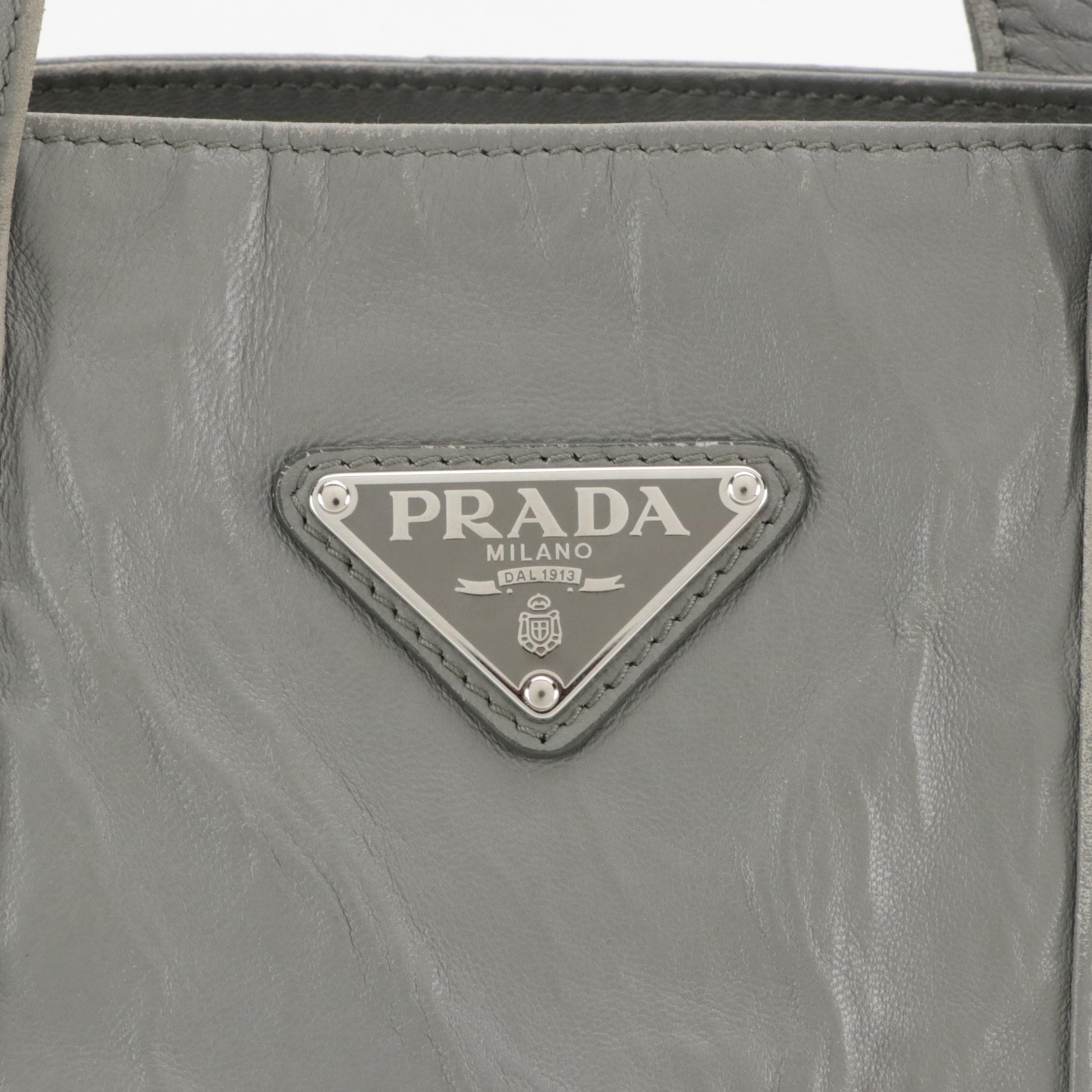 Prada Grey Crinkled Lambskin Leather Shoulder Tote