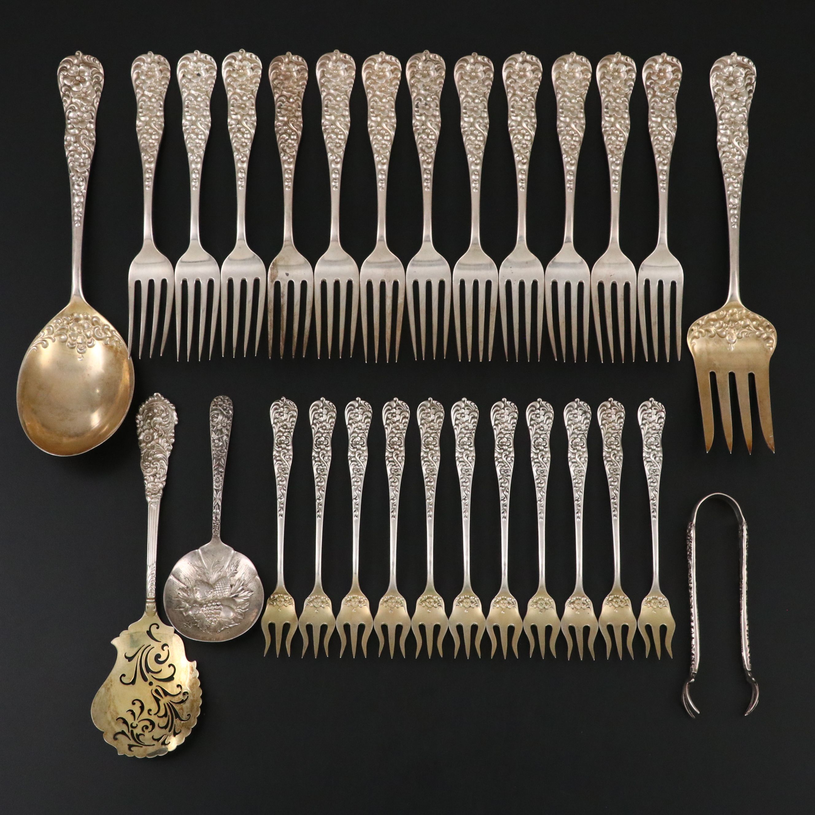 Duhme & Co. and Other Repoussé Sterling Silver Flatware and Serving Utensils